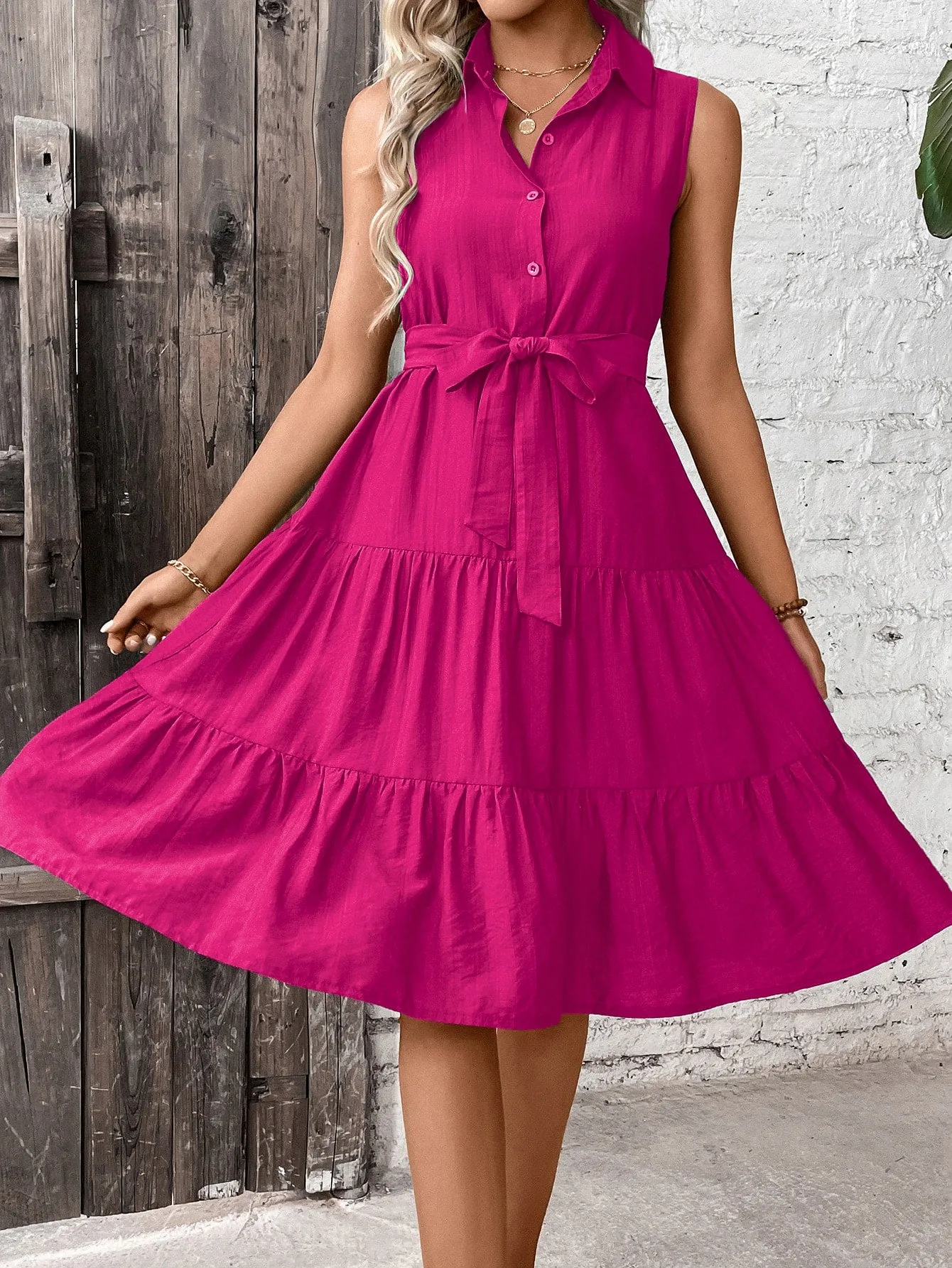 LUNE Ruffle Hem Belted Shirt Dress