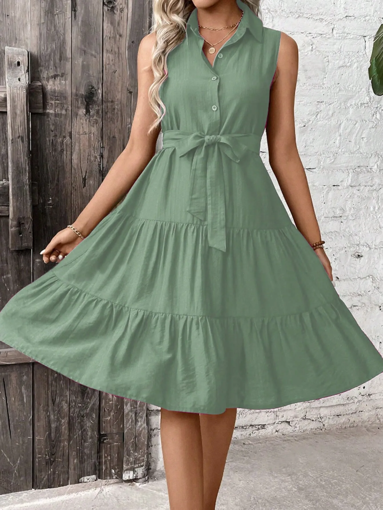 LUNE Ruffle Hem Belted Shirt Dress