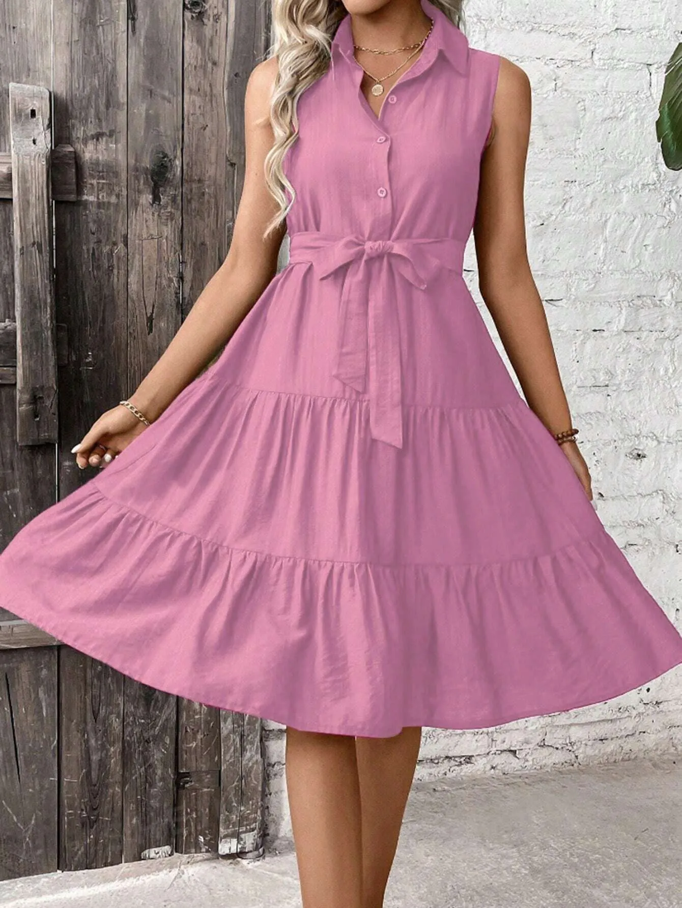 LUNE Ruffle Hem Belted Shirt Dress