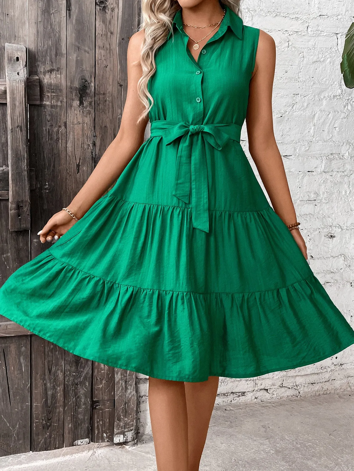 LUNE Ruffle Hem Belted Shirt Dress