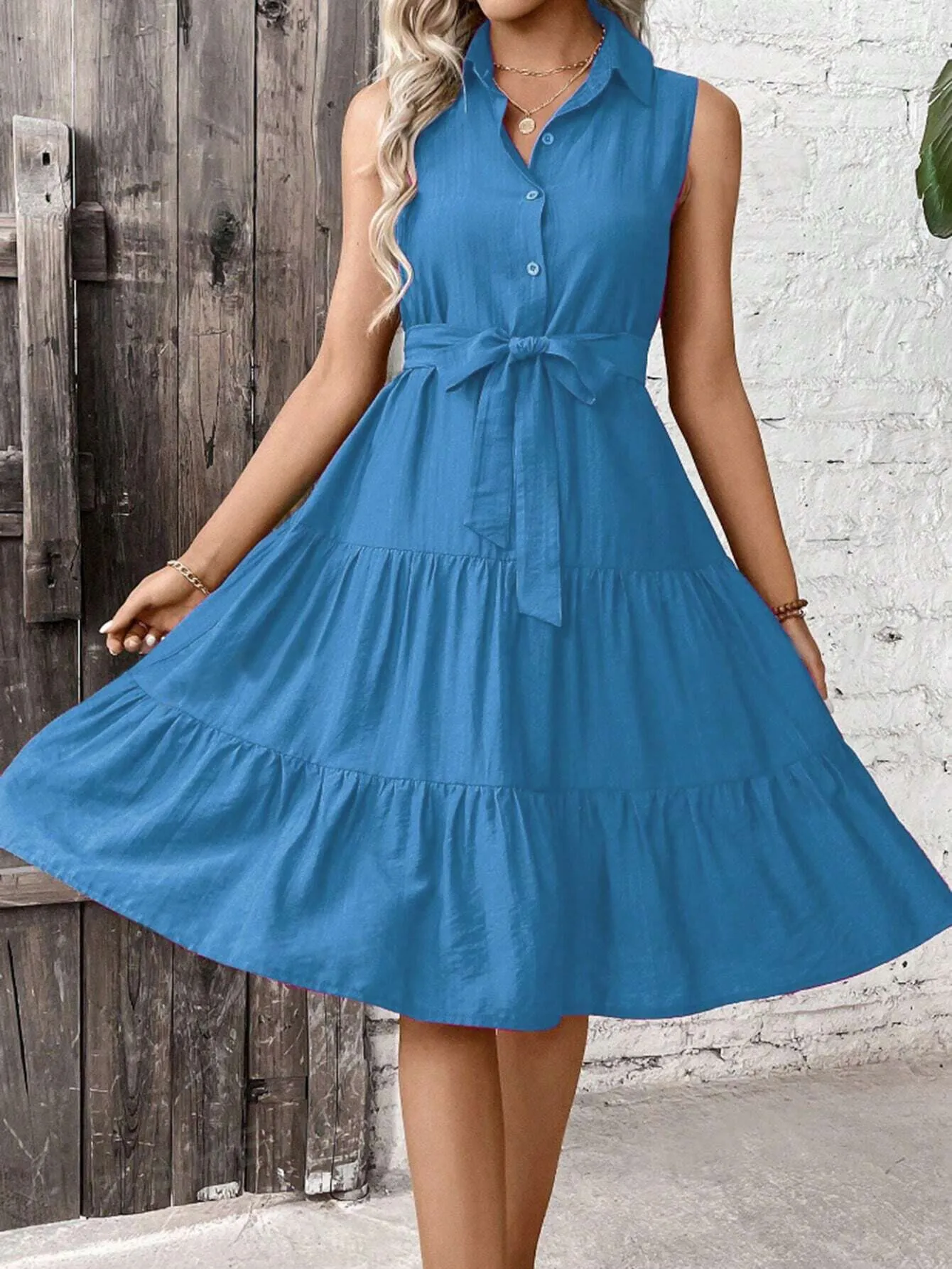 LUNE Ruffle Hem Belted Shirt Dress