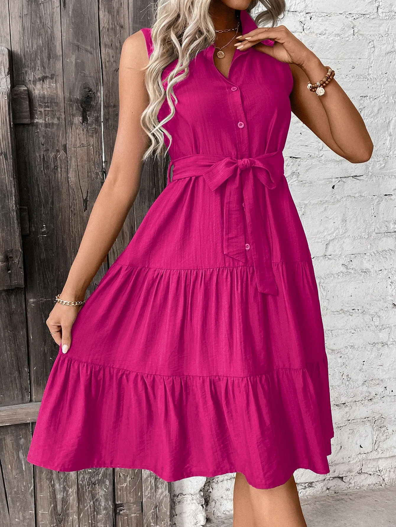 LUNE Ruffle Hem Belted Shirt Dress