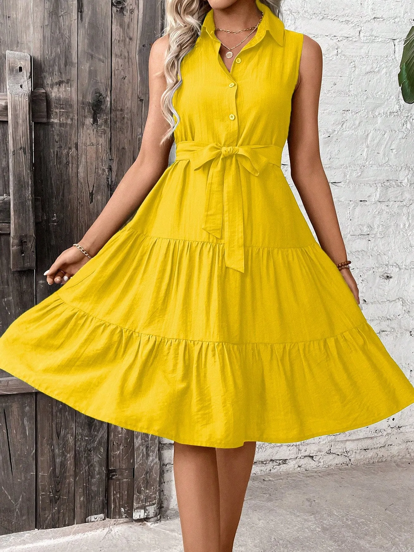LUNE Ruffle Hem Belted Shirt Dress
