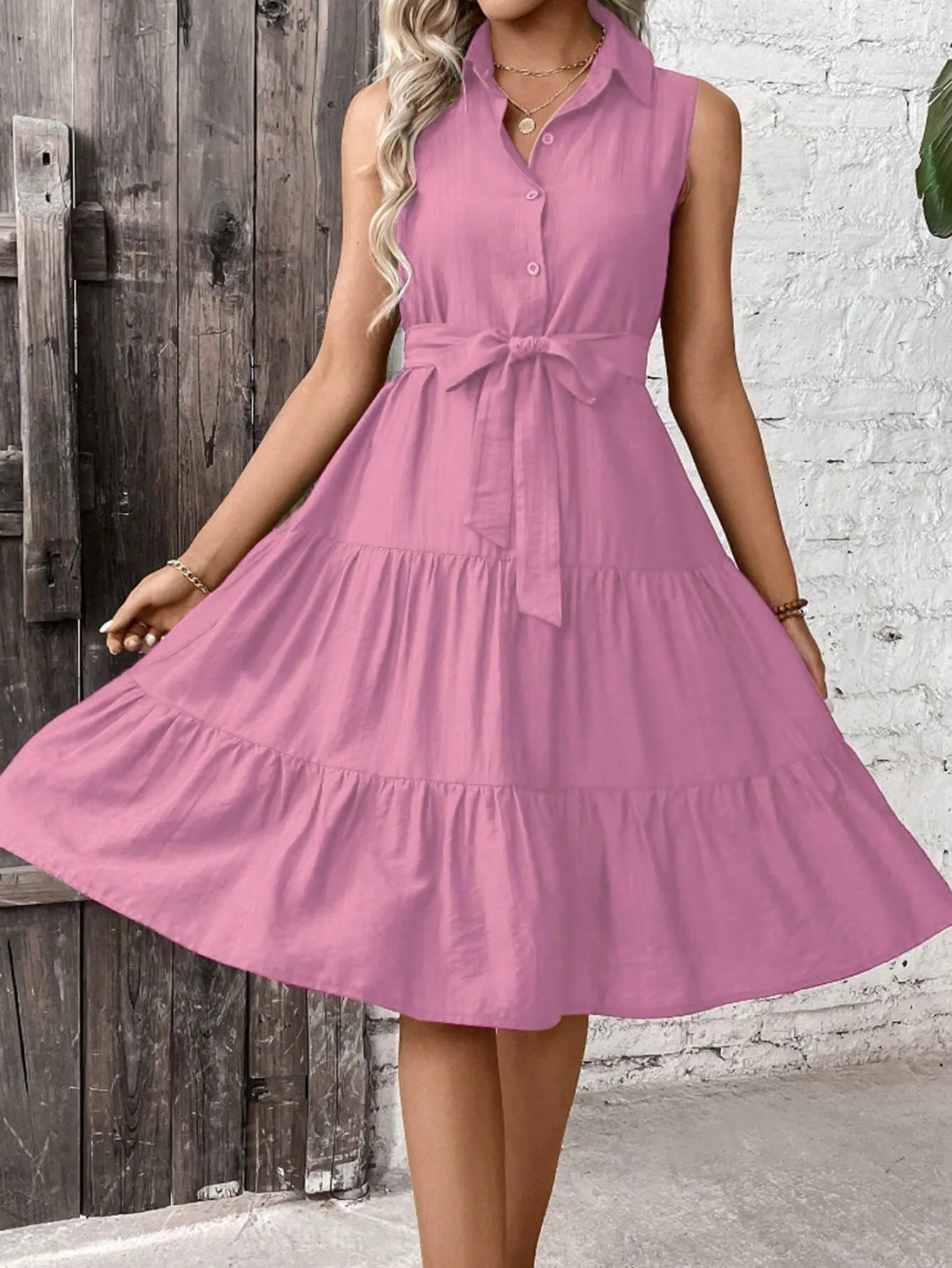 LUNE Ruffle Hem Belted Shirt Dress
