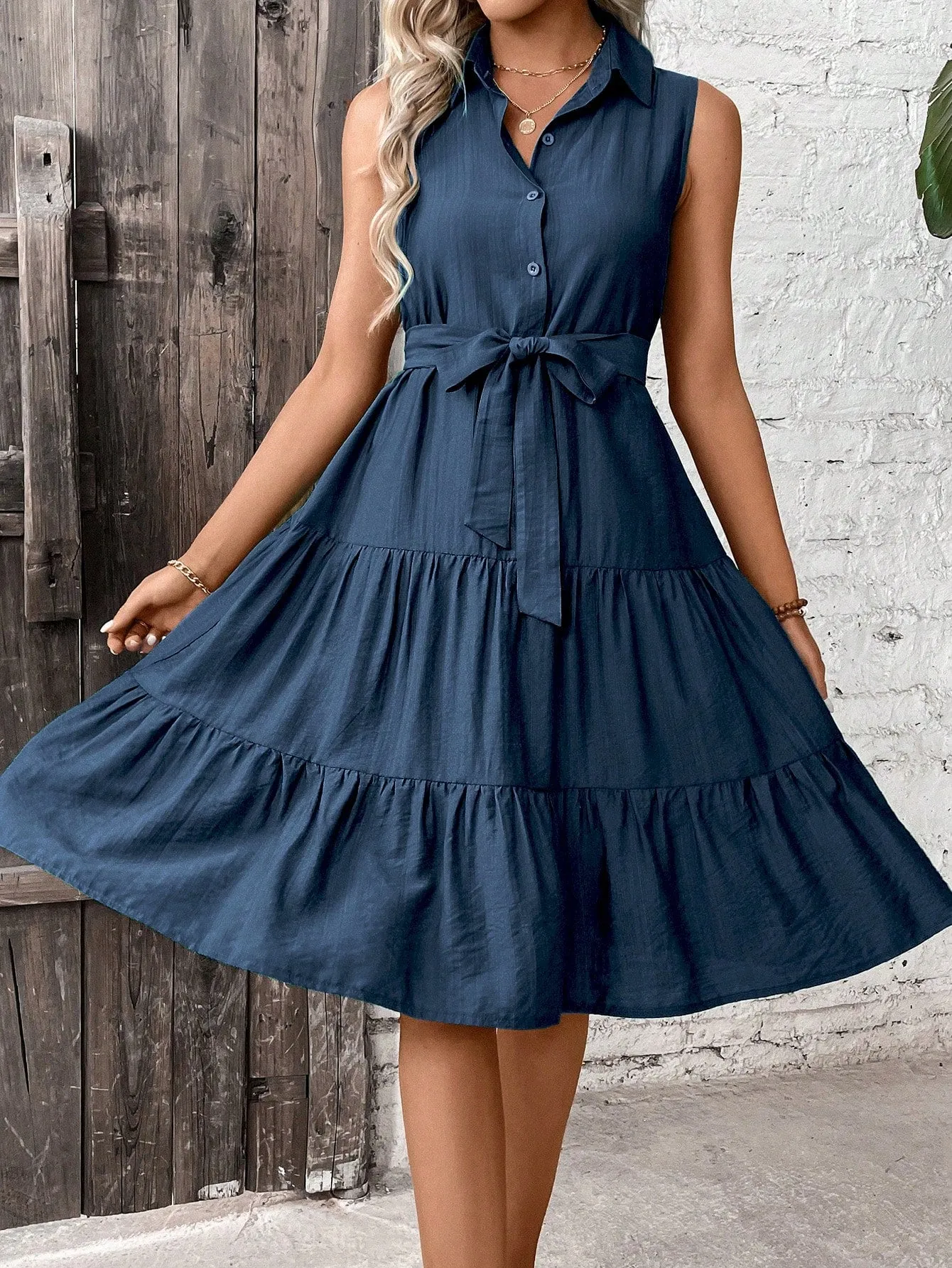 LUNE Ruffle Hem Belted Shirt Dress