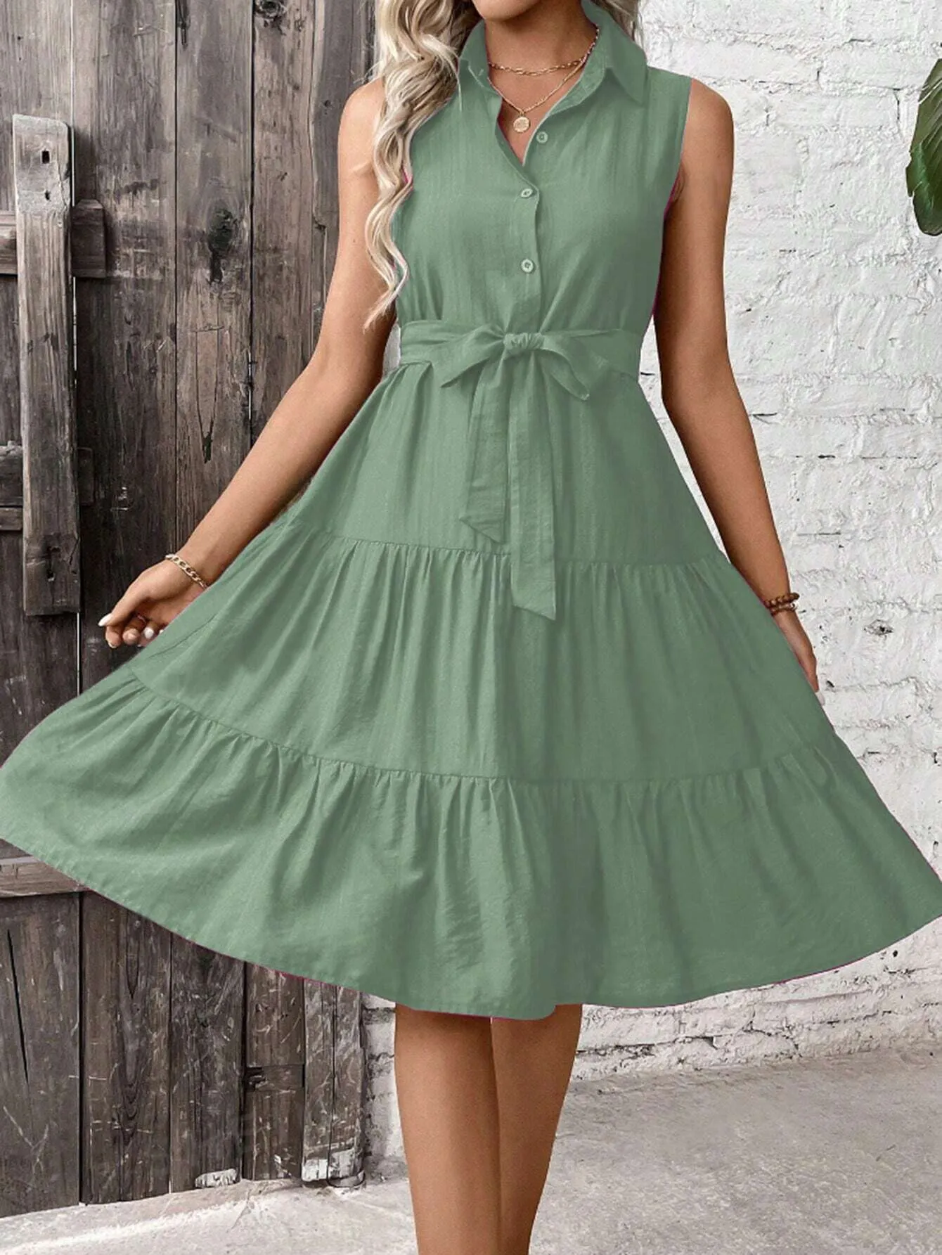 LUNE Ruffle Hem Belted Shirt Dress