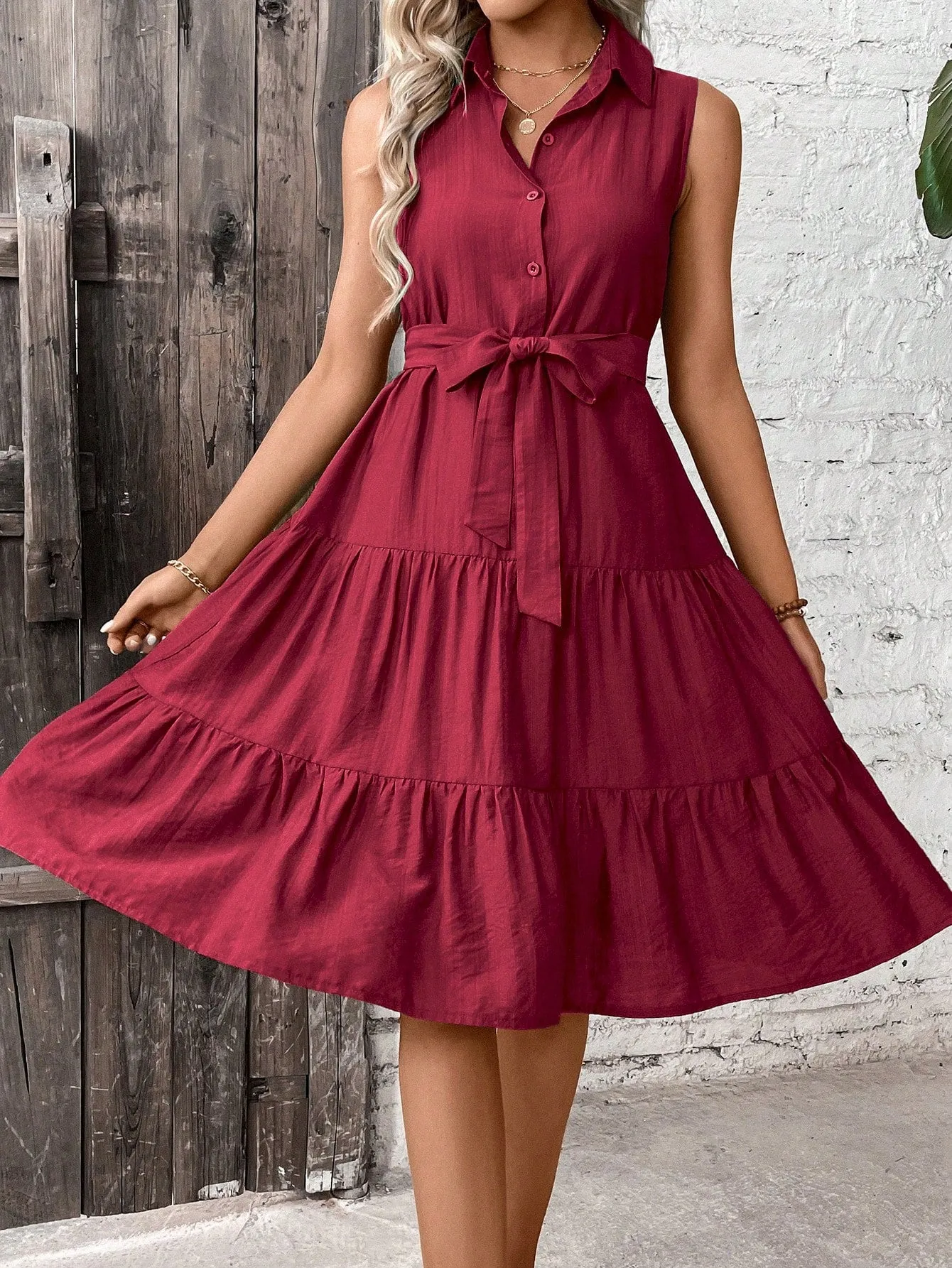 LUNE Ruffle Hem Belted Shirt Dress