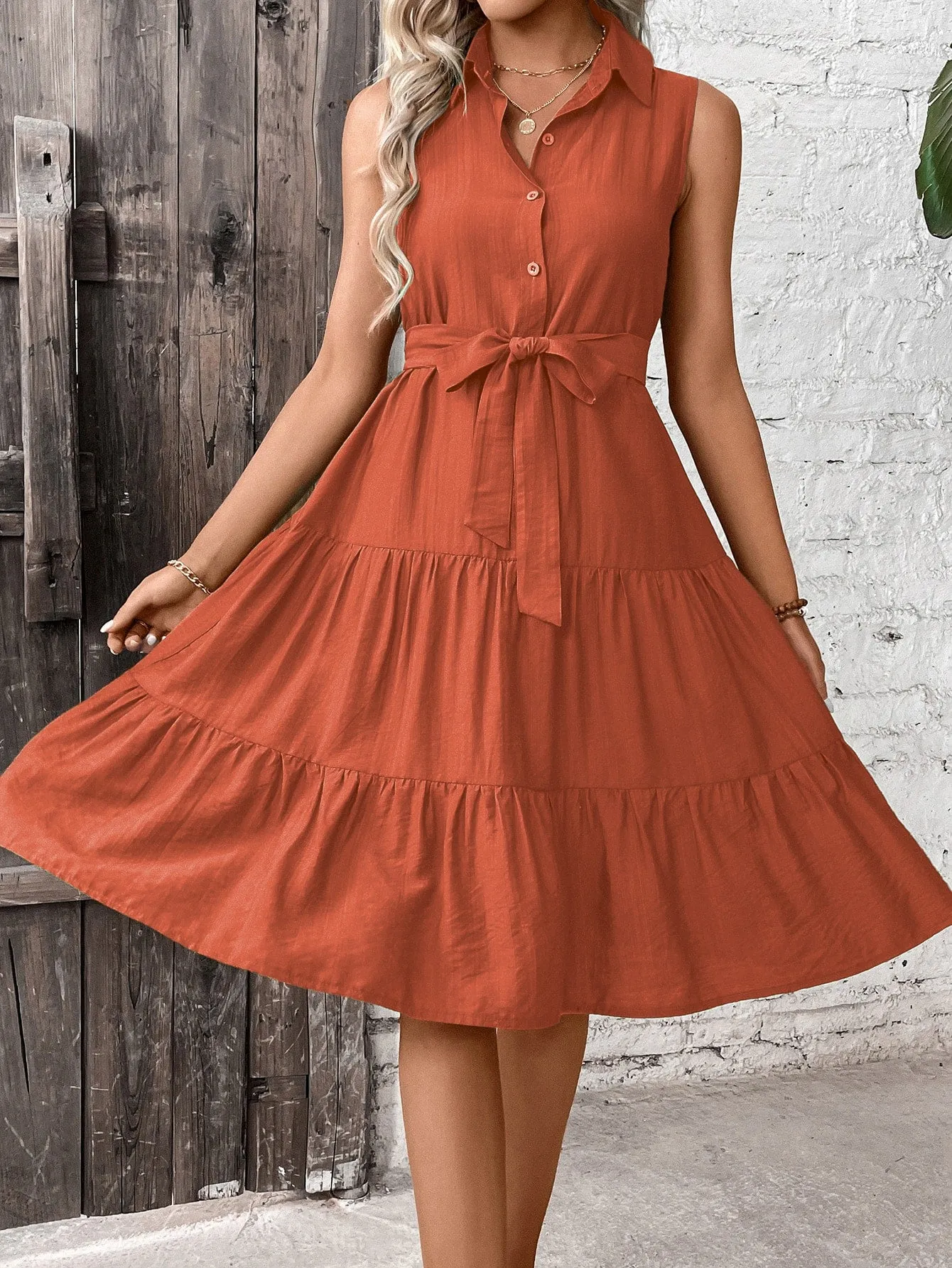 LUNE Ruffle Hem Belted Shirt Dress