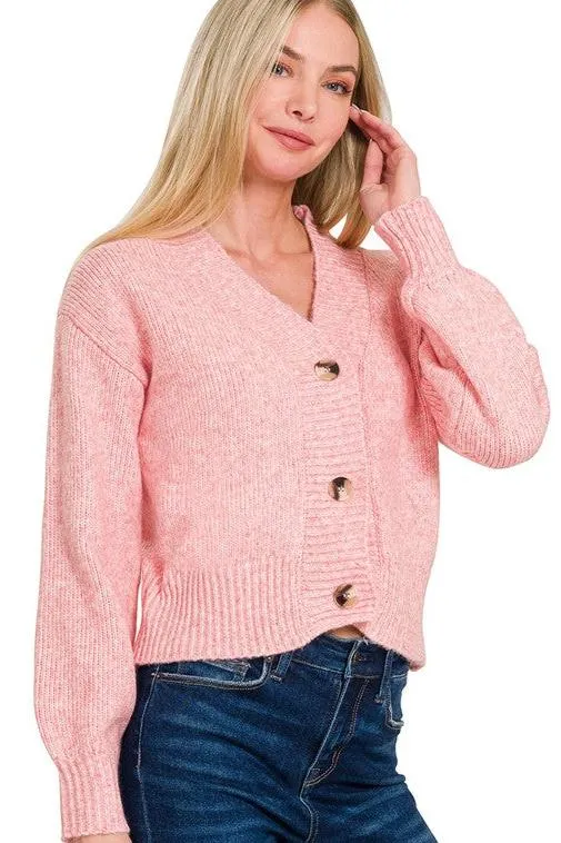 Melange Knit Cardigan Sweater - Rose Pink
