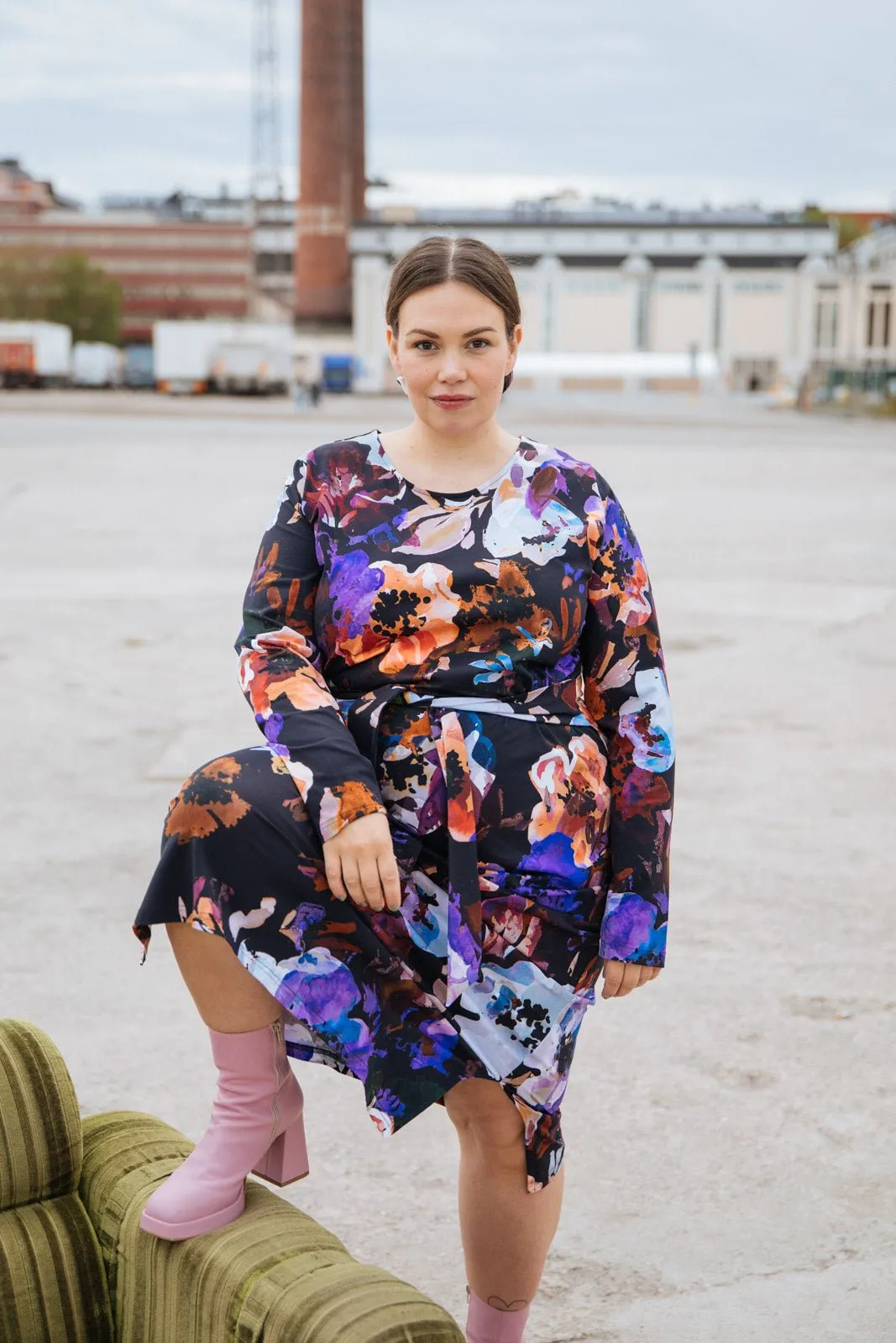 Midi Belted Dress, Black Anemone