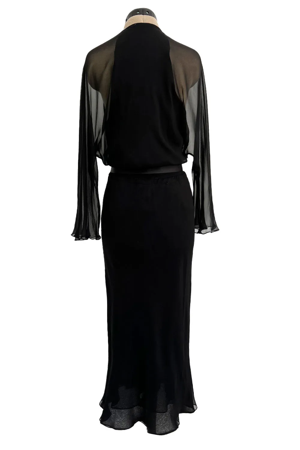 Minimalist Mid-1970s Halston Black Bias Cut Silk Chiffon Wrap Dress w Wide Sleeves