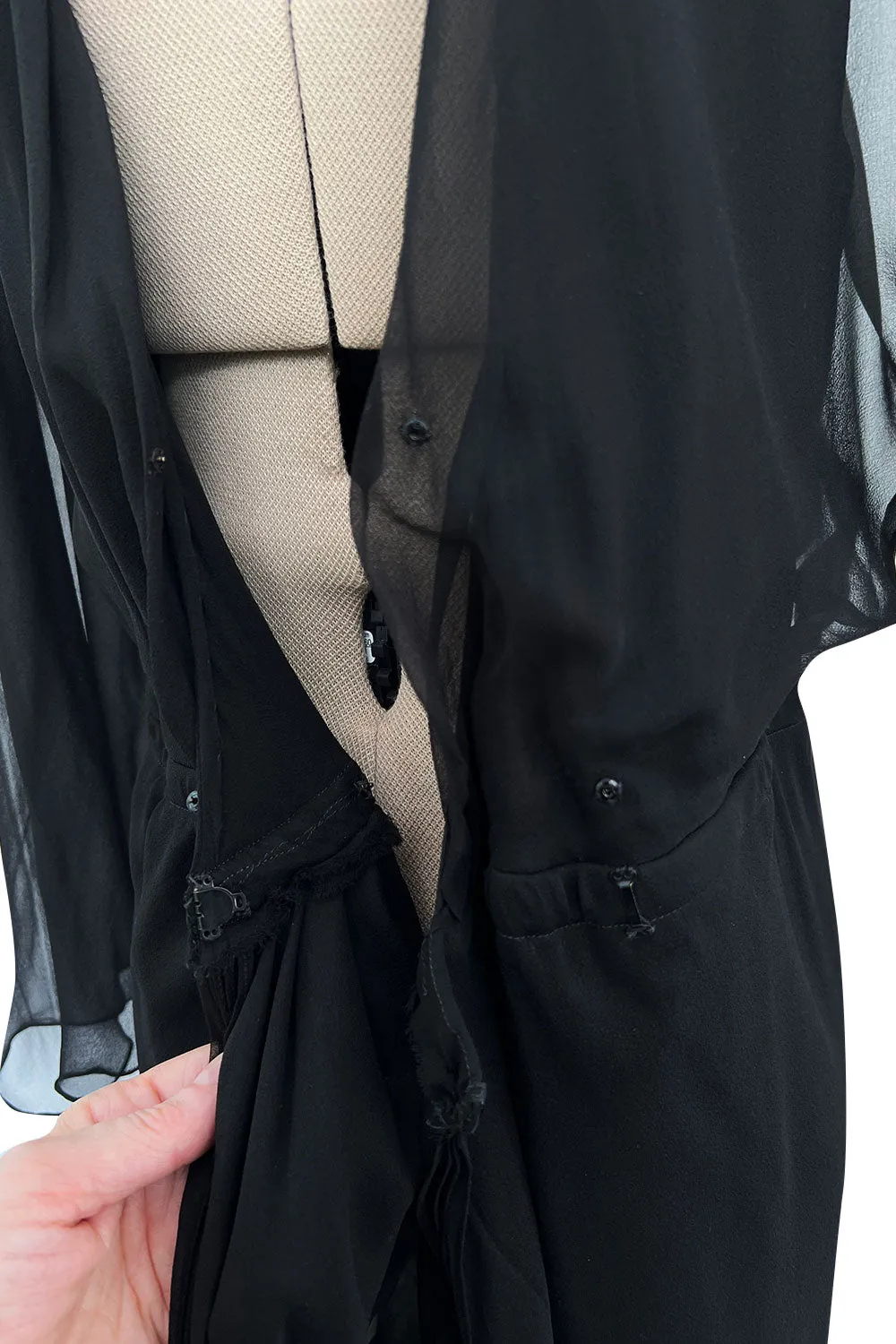 Minimalist Mid-1970s Halston Black Bias Cut Silk Chiffon Wrap Dress w Wide Sleeves