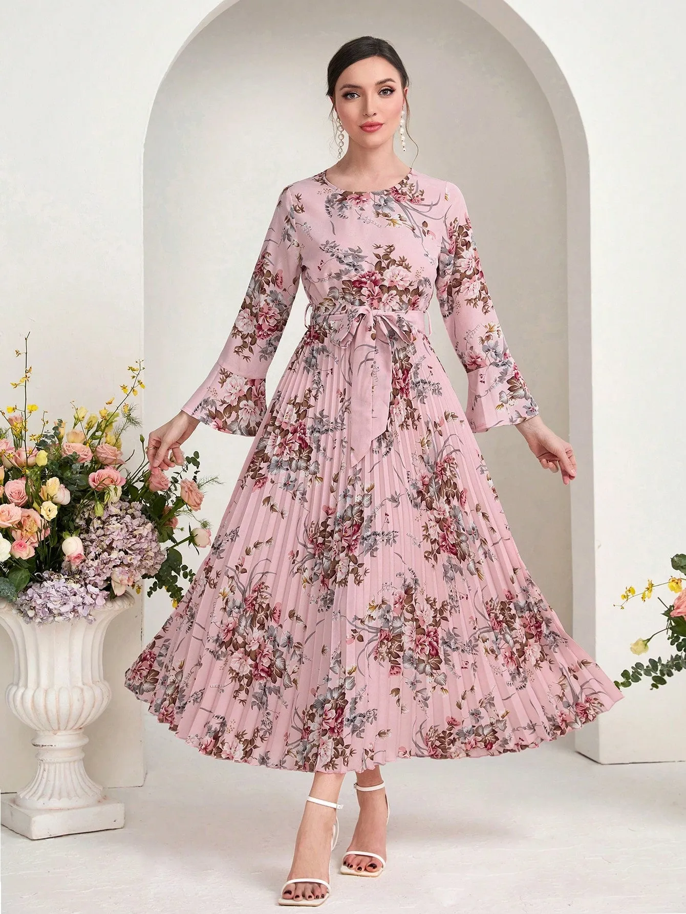 Modely Floral Print Flounce Sleeve Pleated Hem Belted Dress