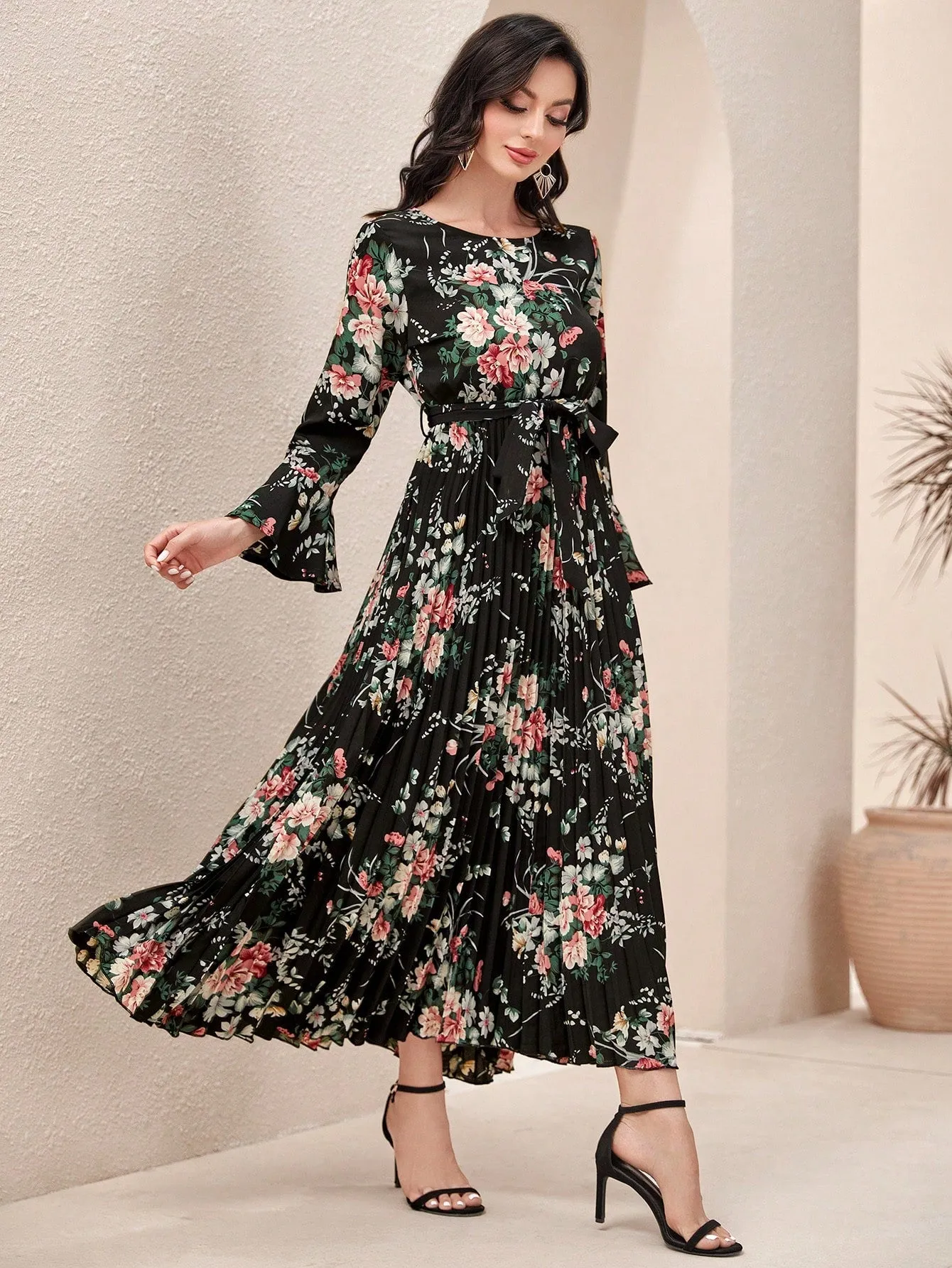 Modely Floral Print Flounce Sleeve Pleated Hem Belted Dress