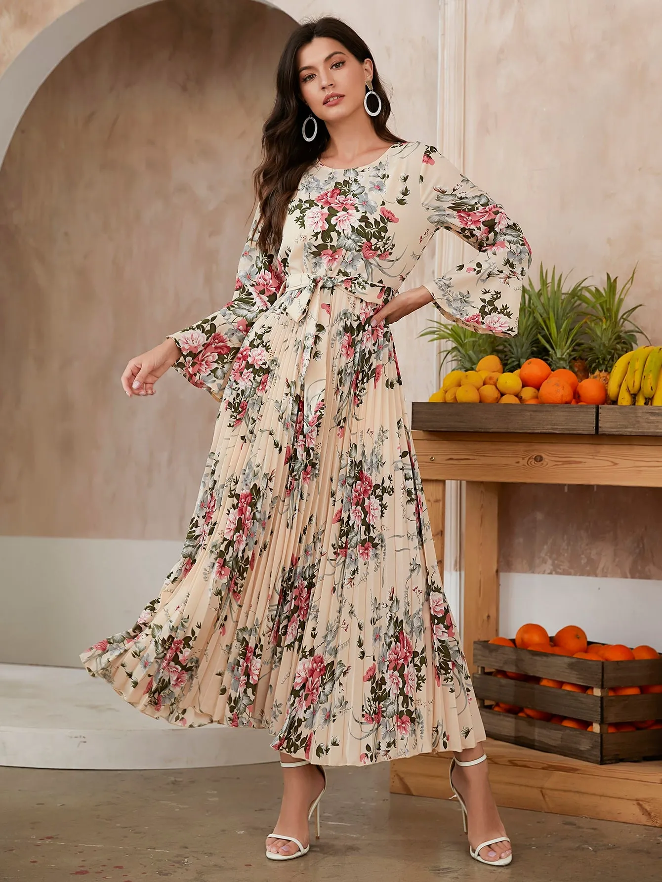 Modely Floral Print Flounce Sleeve Pleated Hem Belted Dress