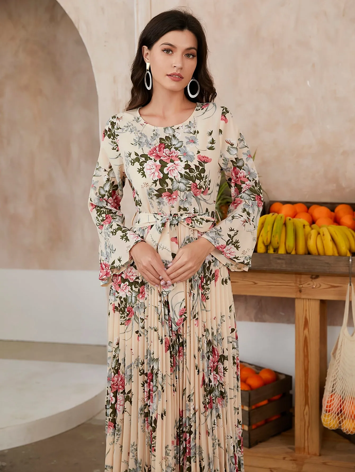 Modely Floral Print Flounce Sleeve Pleated Hem Belted Dress