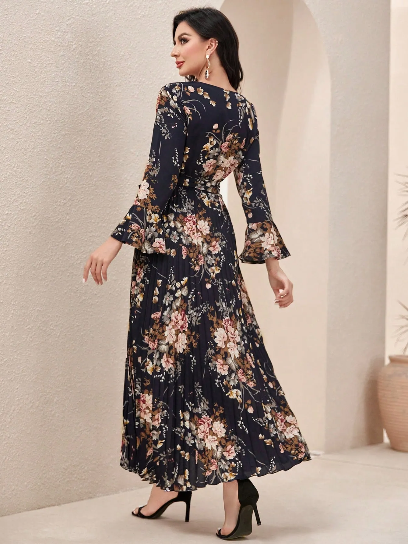 Modely Floral Print Flounce Sleeve Pleated Hem Belted Dress
