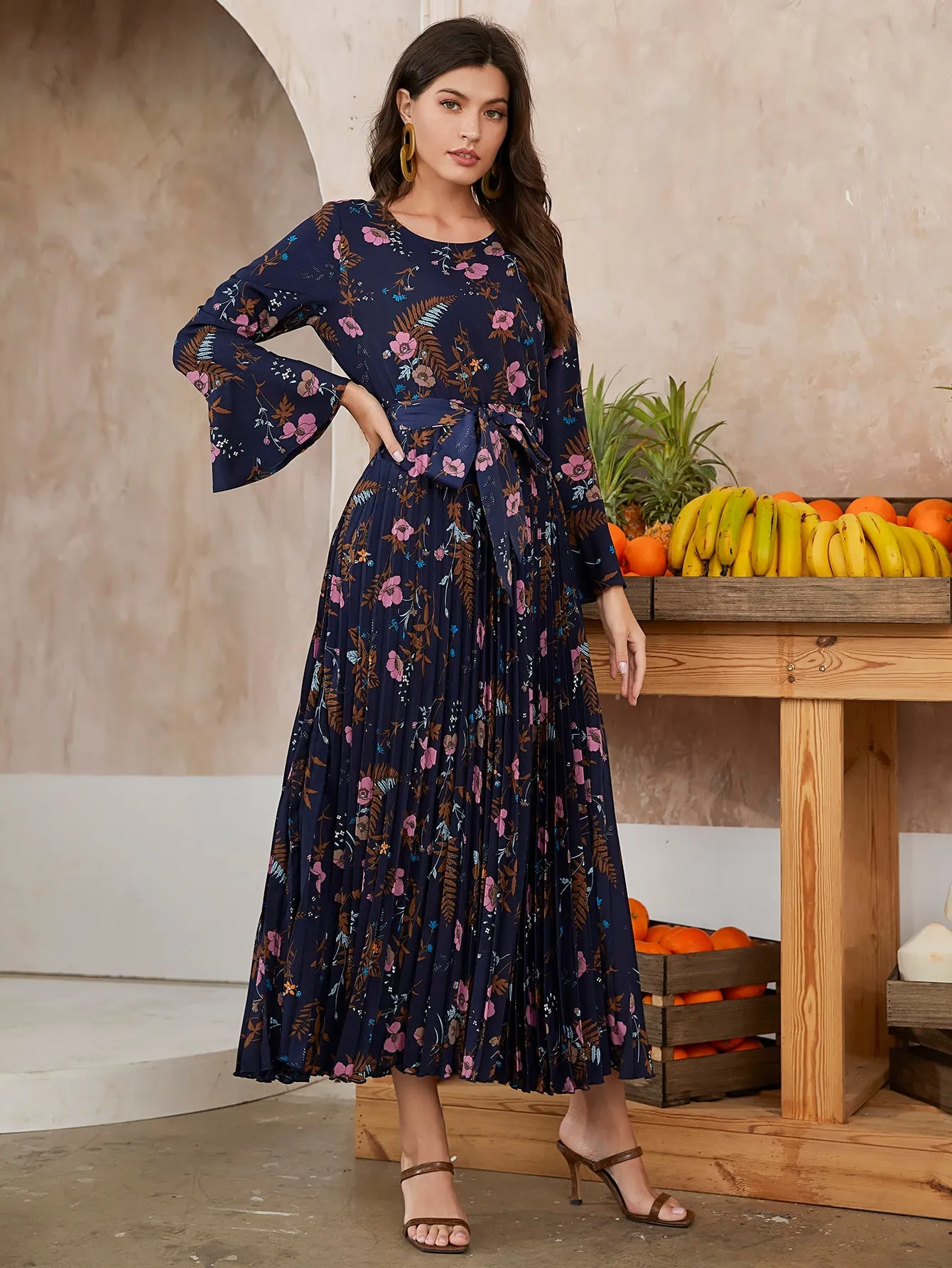 Modely Floral Print Flounce Sleeve Pleated Hem Belted Dress