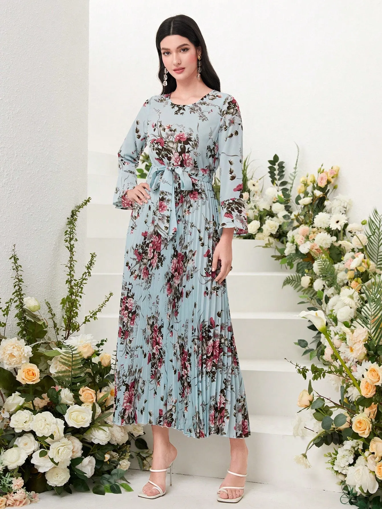 Modely Floral Print Flounce Sleeve Pleated Hem Belted Dress