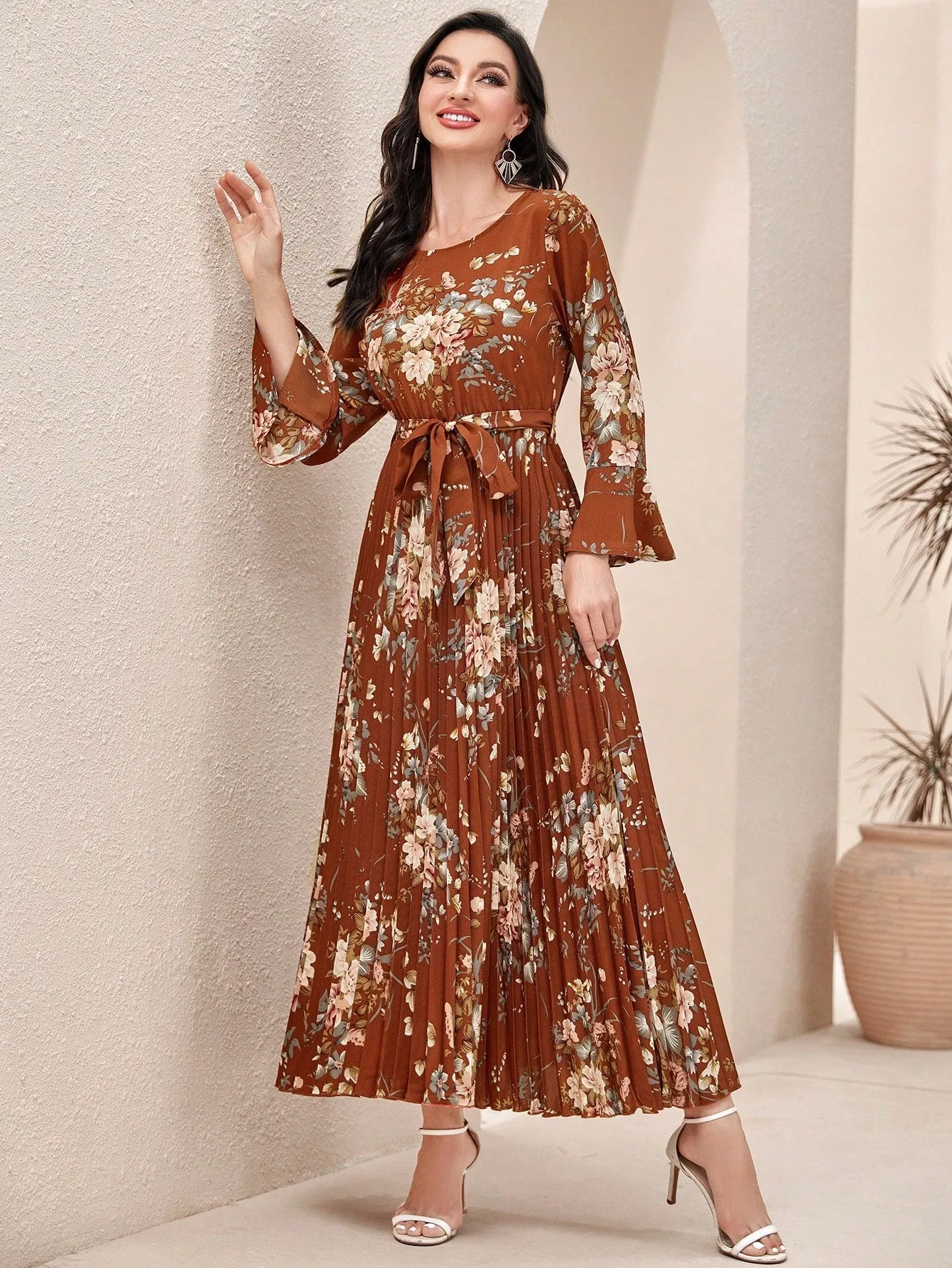 Modely Floral Print Flounce Sleeve Pleated Hem Belted Dress