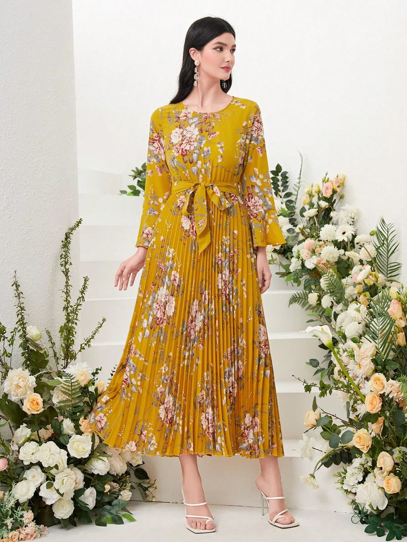 Modely Floral Print Flounce Sleeve Pleated Hem Belted Dress