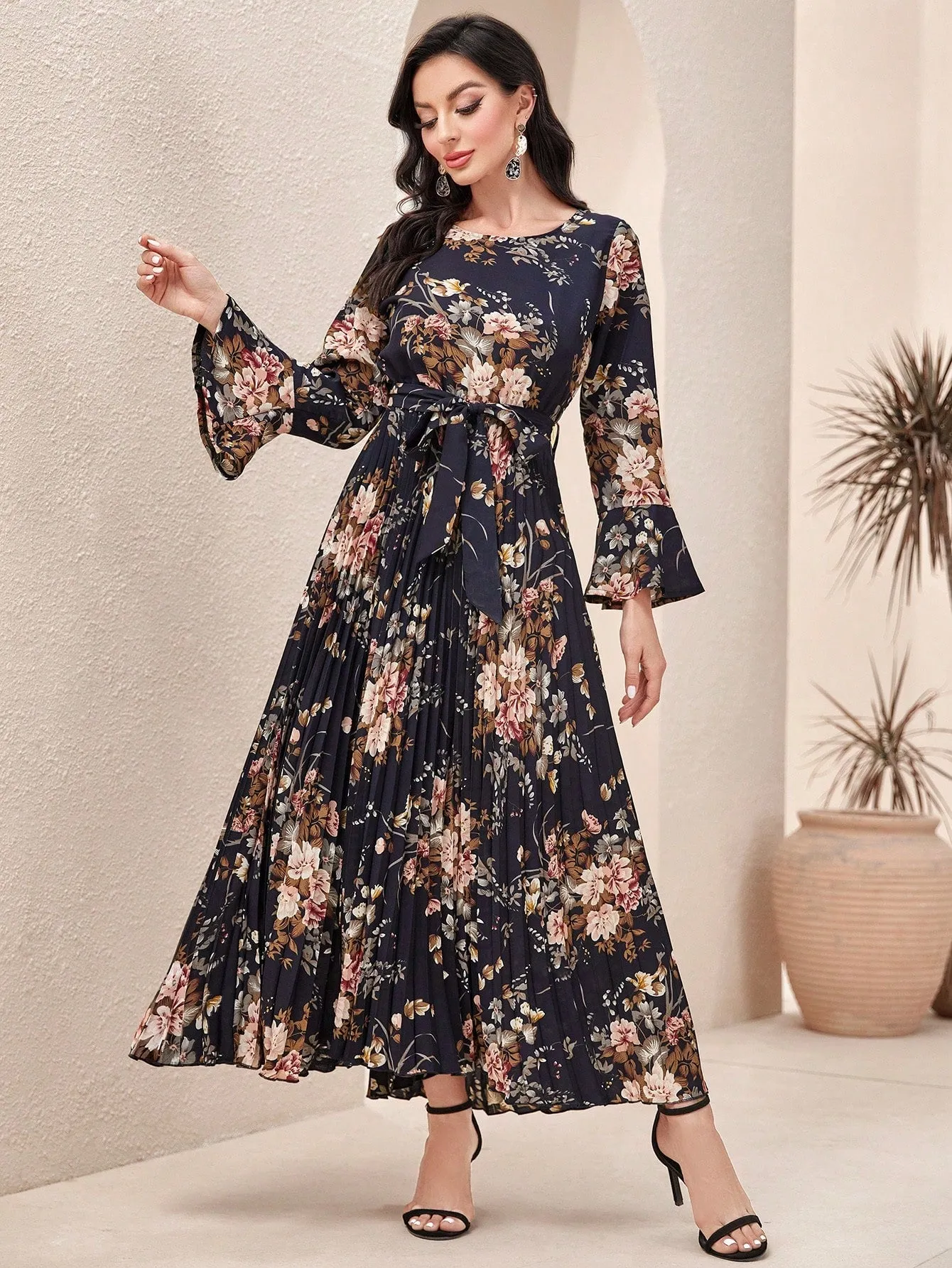 Modely Floral Print Flounce Sleeve Pleated Hem Belted Dress