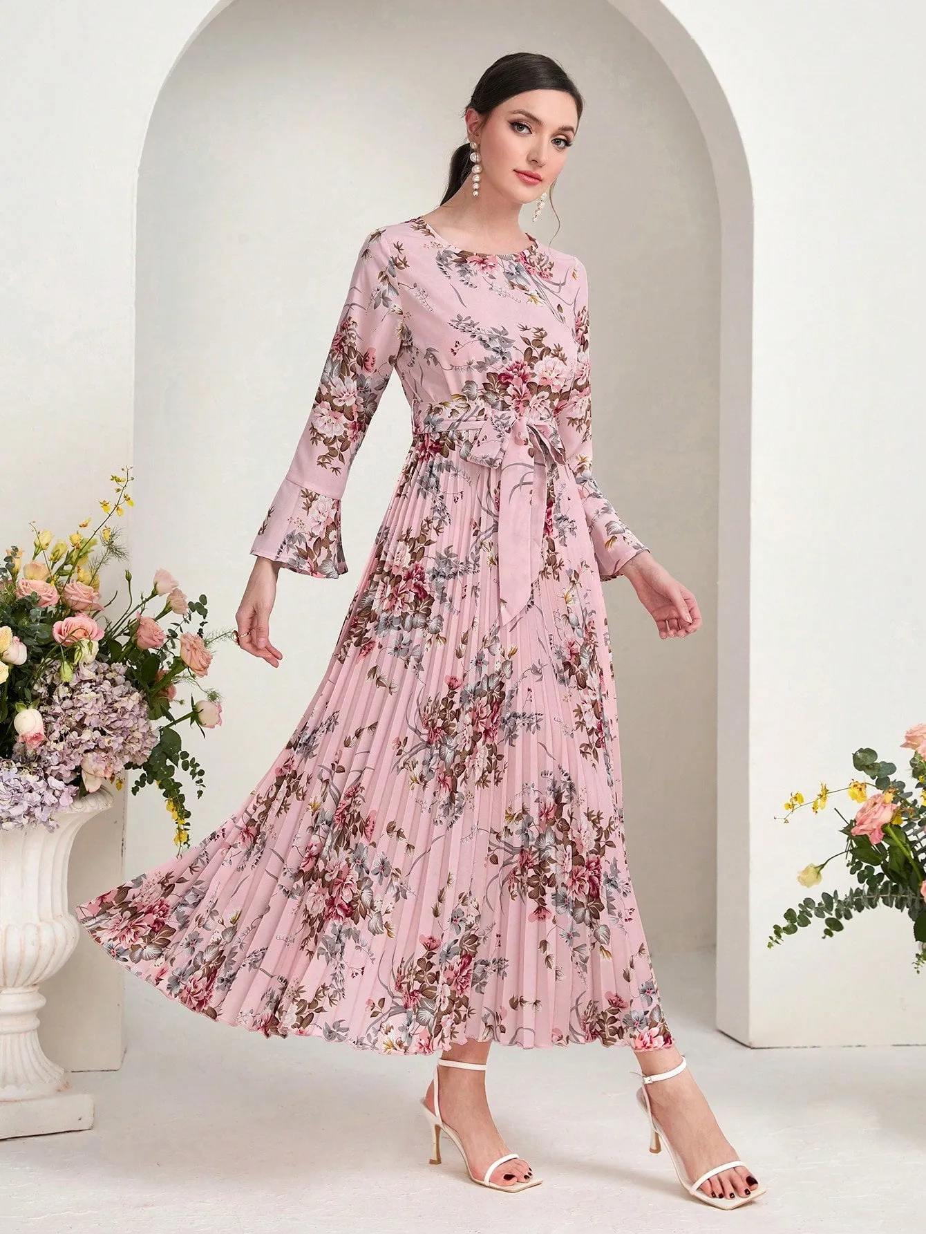 Modely Floral Print Flounce Sleeve Pleated Hem Belted Dress