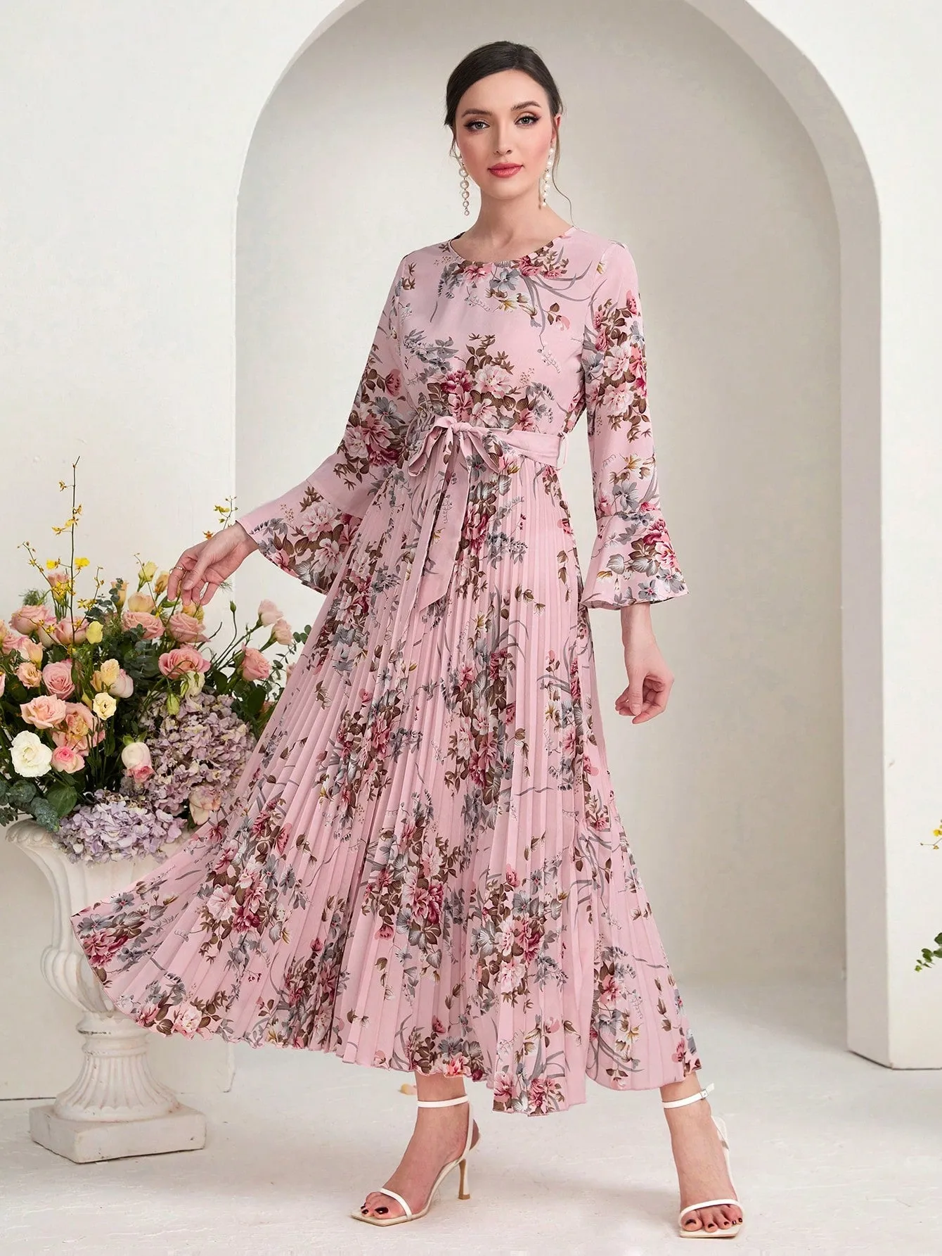Modely Floral Print Flounce Sleeve Pleated Hem Belted Dress