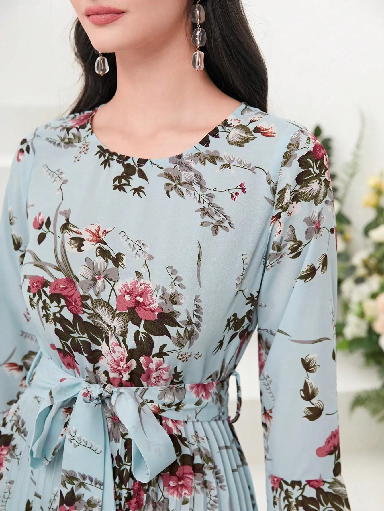 Modely Floral Print Flounce Sleeve Pleated Hem Belted Dress