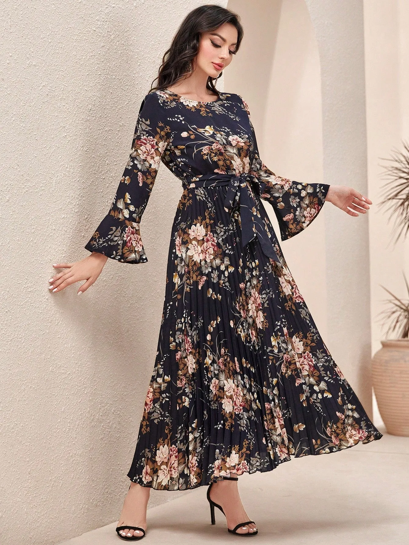 Modely Floral Print Flounce Sleeve Pleated Hem Belted Dress