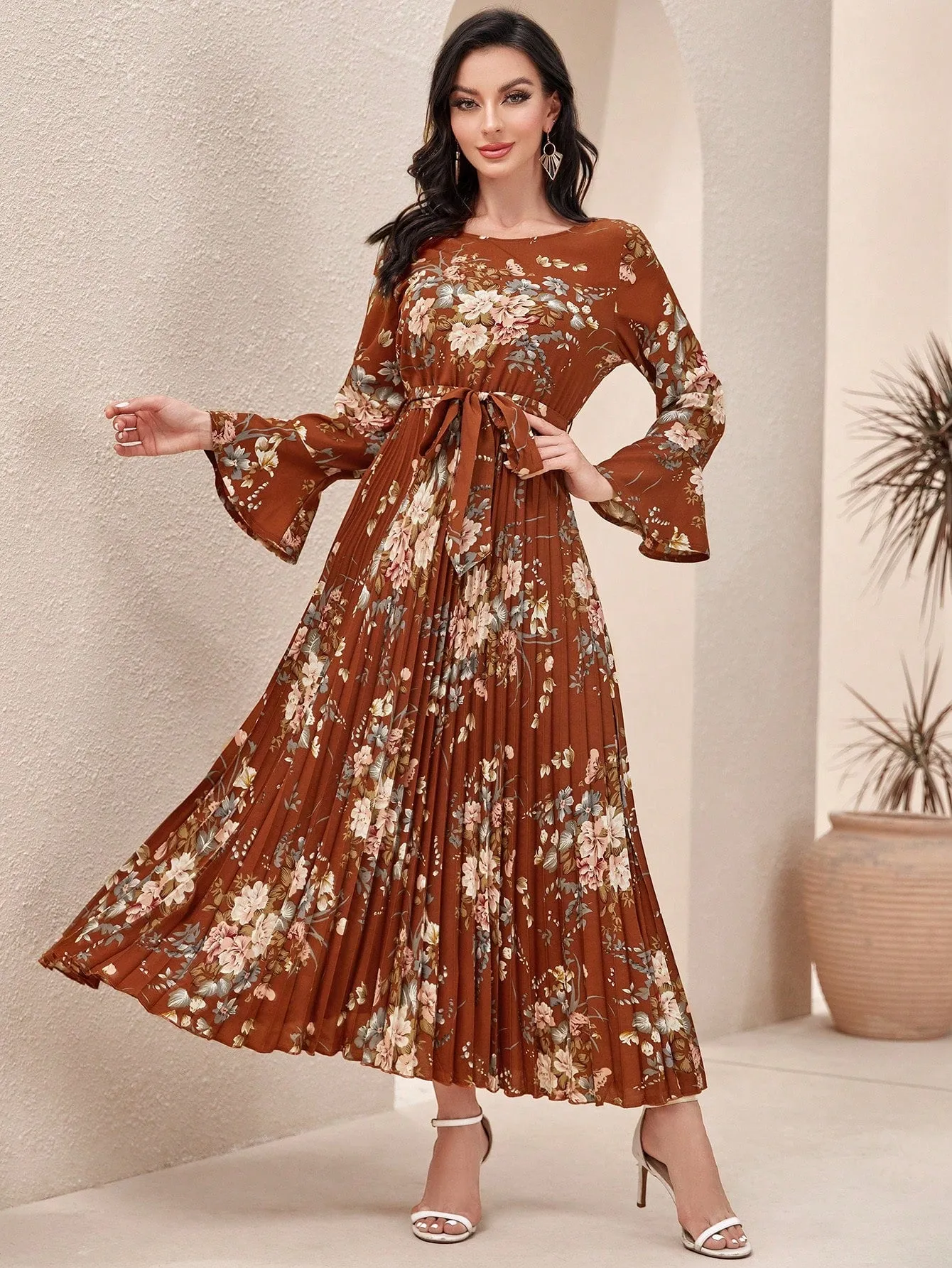 Modely Floral Print Flounce Sleeve Pleated Hem Belted Dress