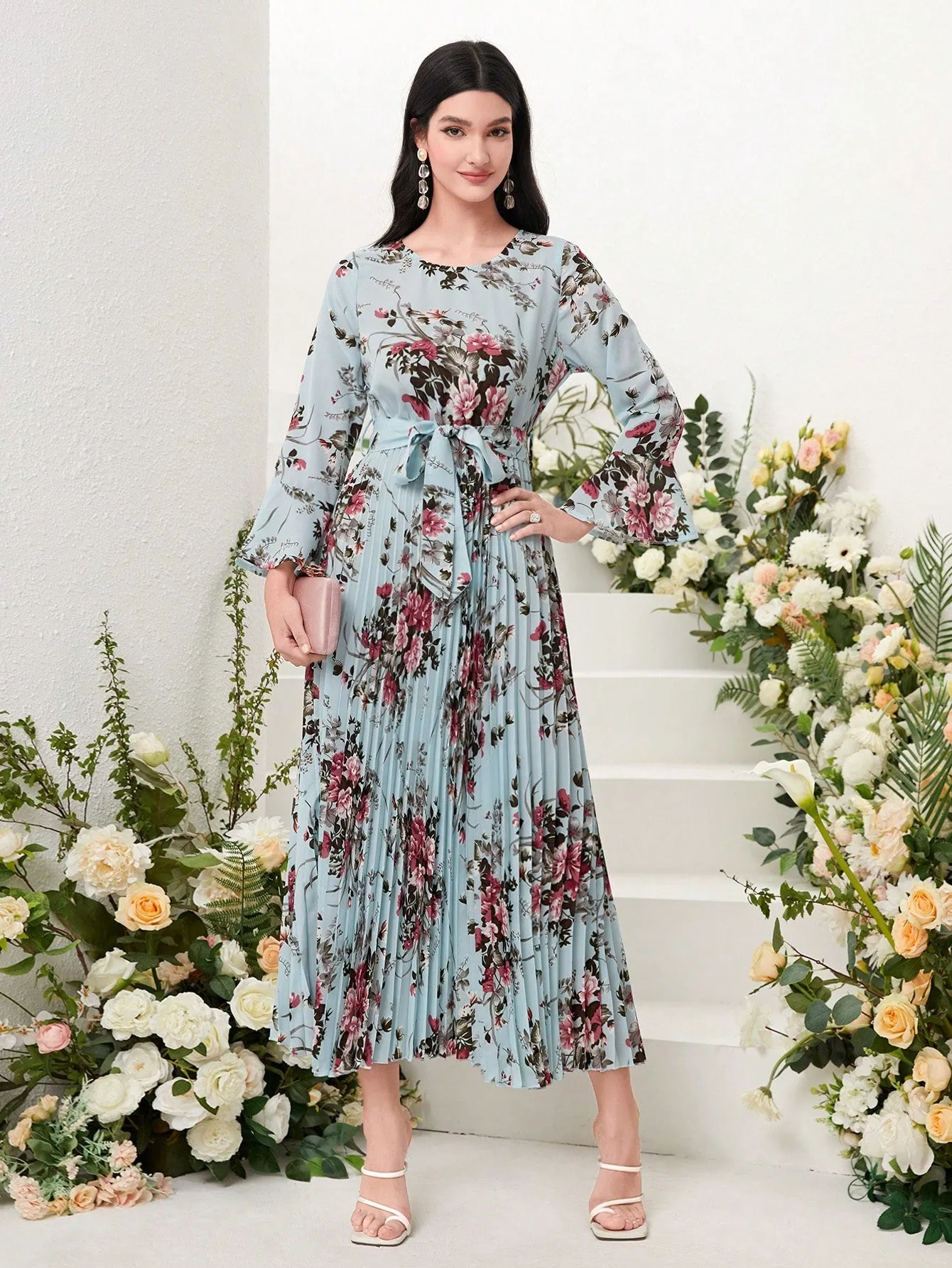 Modely Floral Print Flounce Sleeve Pleated Hem Belted Dress