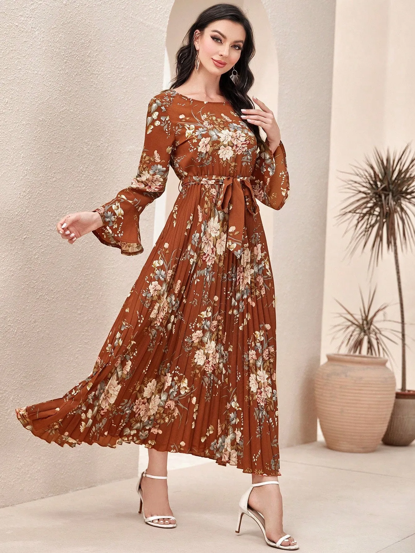 Modely Floral Print Flounce Sleeve Pleated Hem Belted Dress