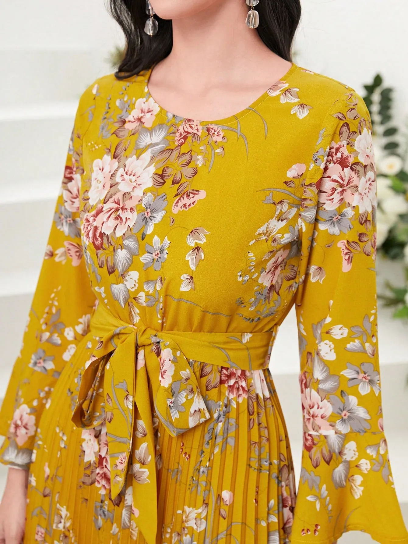 Modely Floral Print Flounce Sleeve Pleated Hem Belted Dress