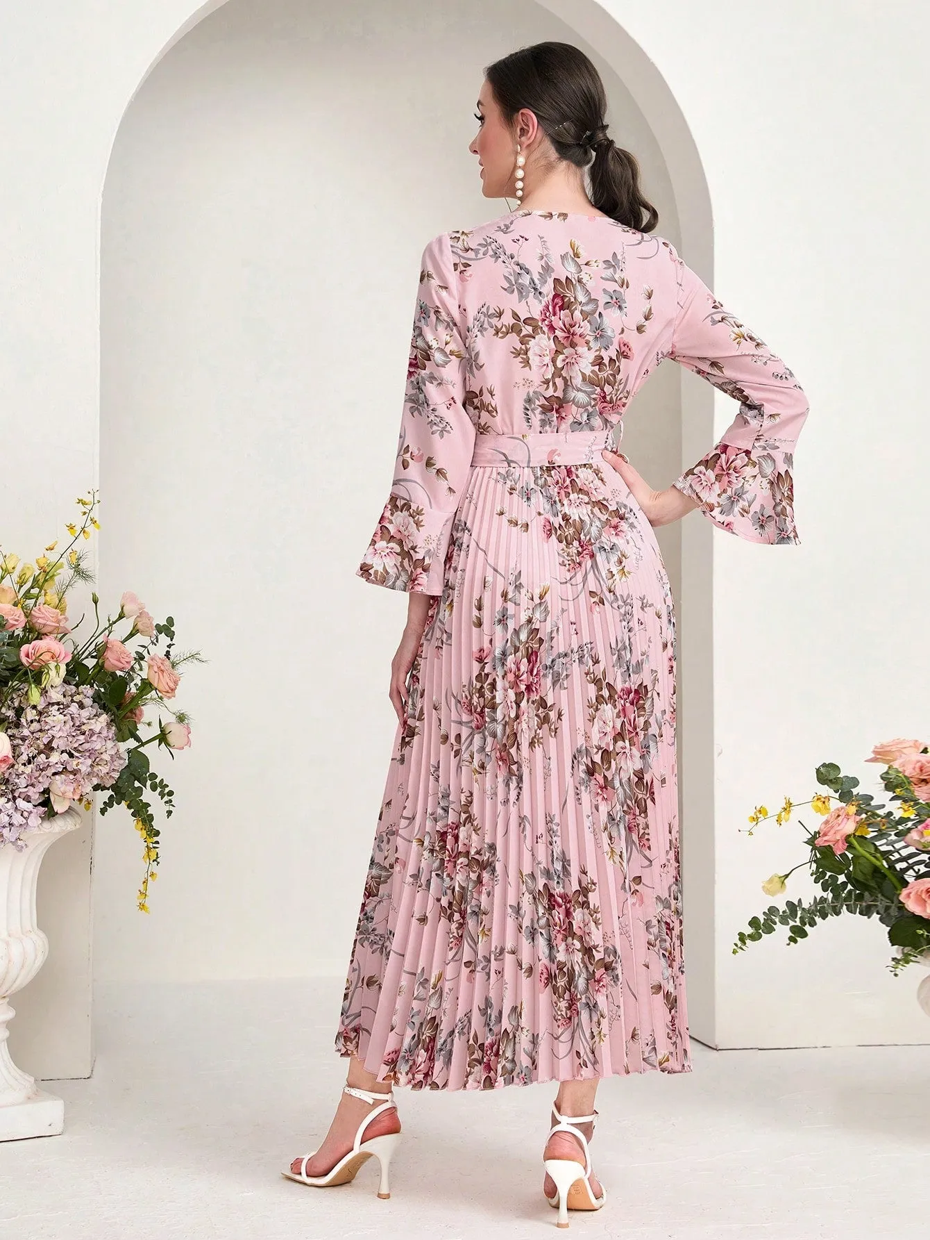 Modely Floral Print Flounce Sleeve Pleated Hem Belted Dress