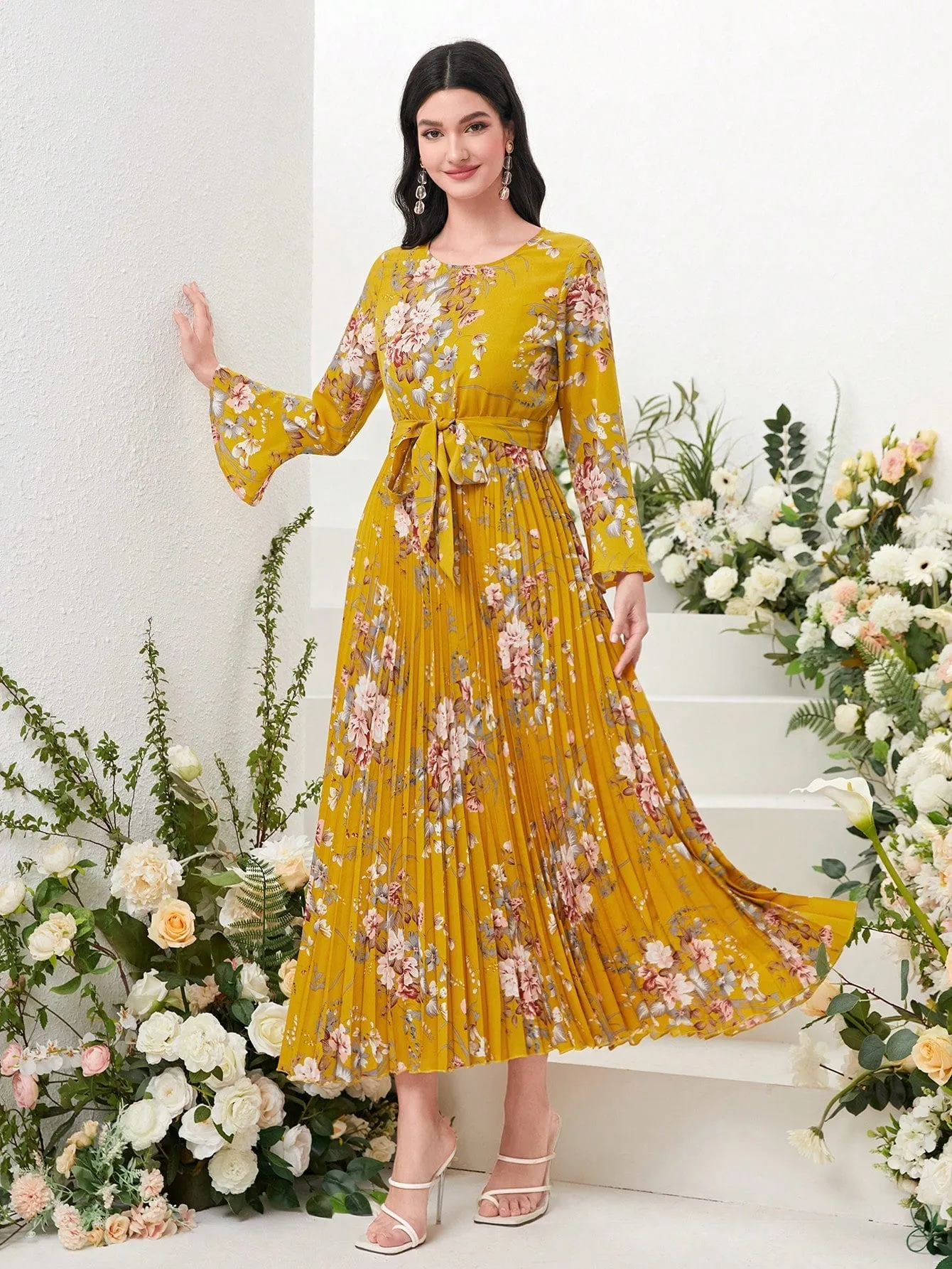 Modely Floral Print Flounce Sleeve Pleated Hem Belted Dress