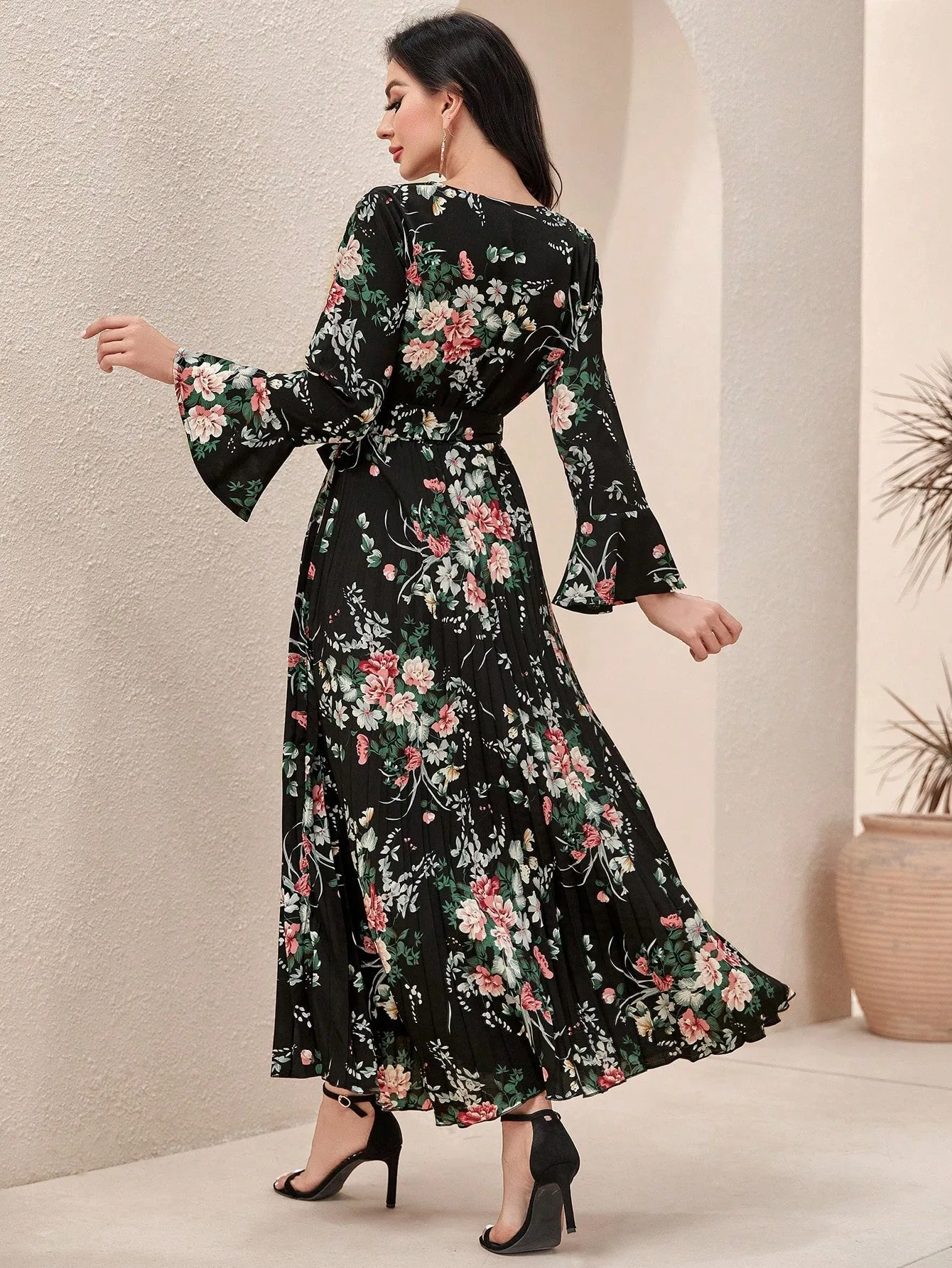 Modely Floral Print Flounce Sleeve Pleated Hem Belted Dress