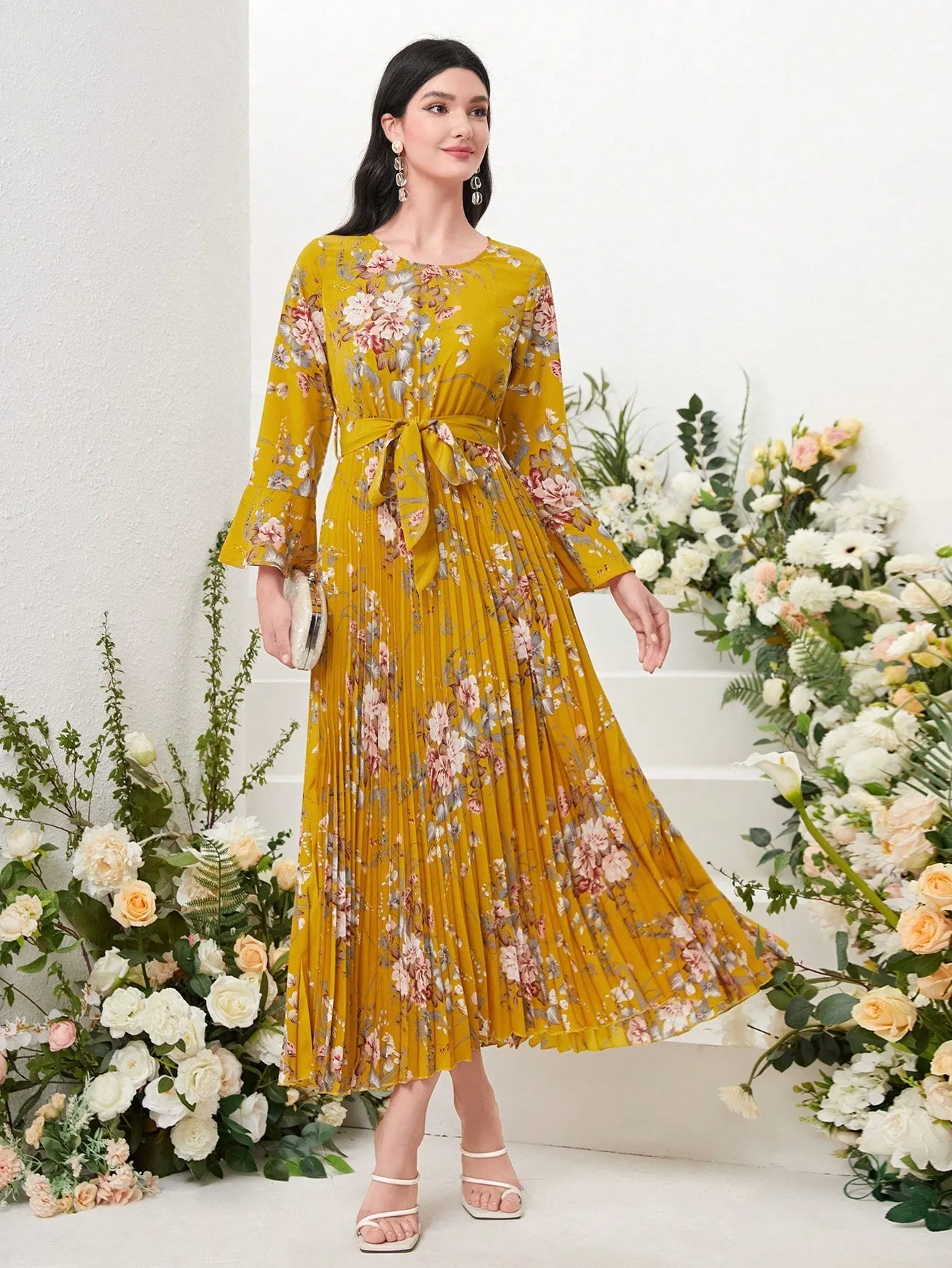 Modely Floral Print Flounce Sleeve Pleated Hem Belted Dress