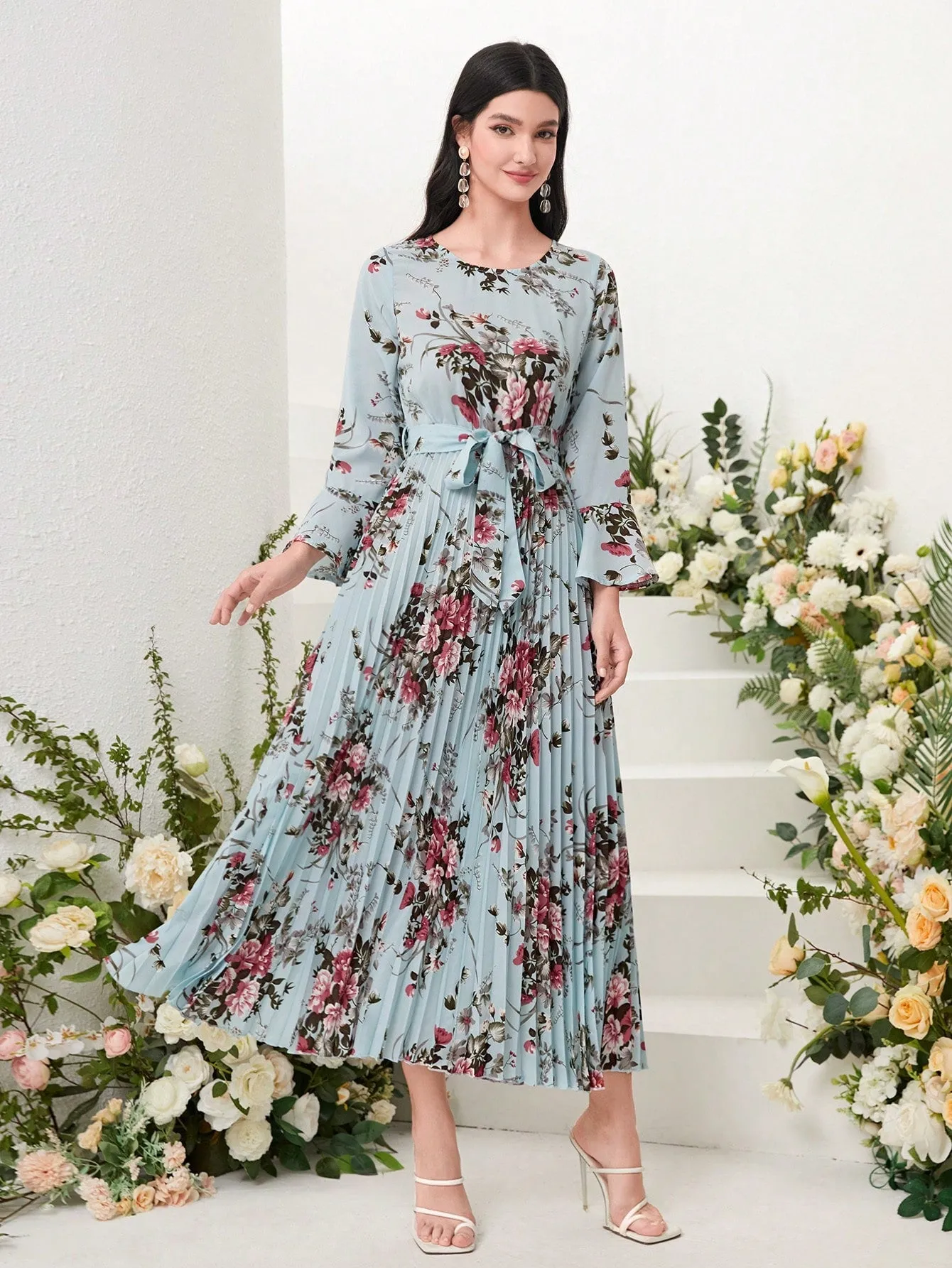 Modely Floral Print Flounce Sleeve Pleated Hem Belted Dress