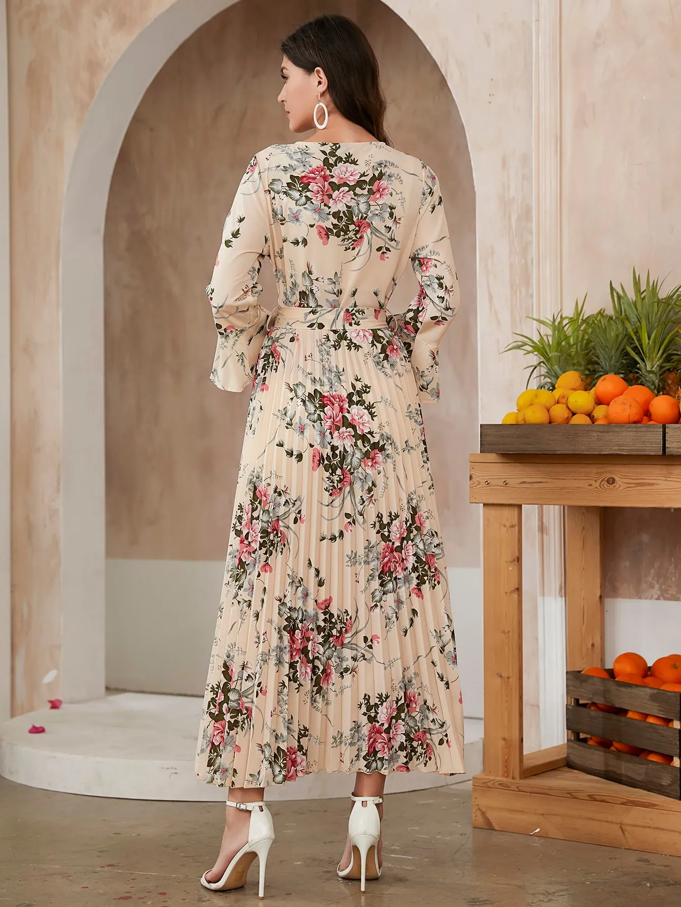 Modely Floral Print Flounce Sleeve Pleated Hem Belted Dress