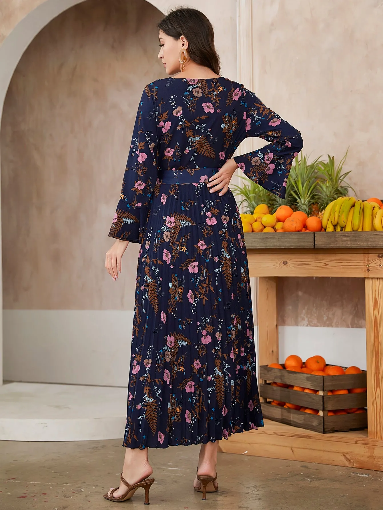 Modely Floral Print Flounce Sleeve Pleated Hem Belted Dress