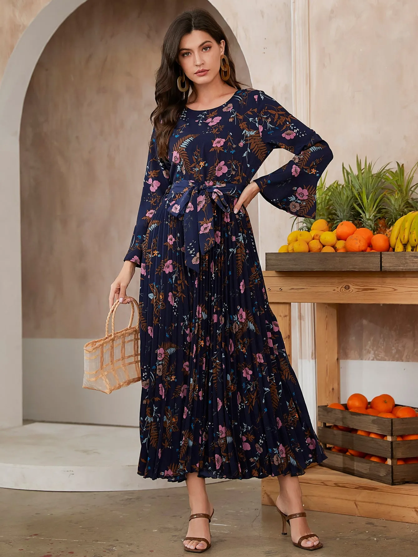 Modely Floral Print Flounce Sleeve Pleated Hem Belted Dress