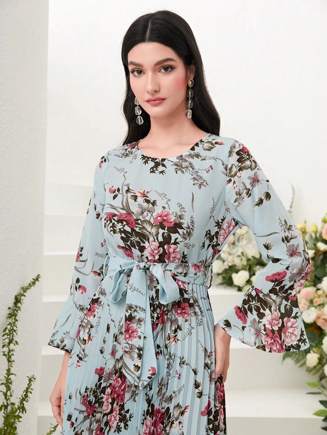 Modely Floral Print Flounce Sleeve Pleated Hem Belted Dress