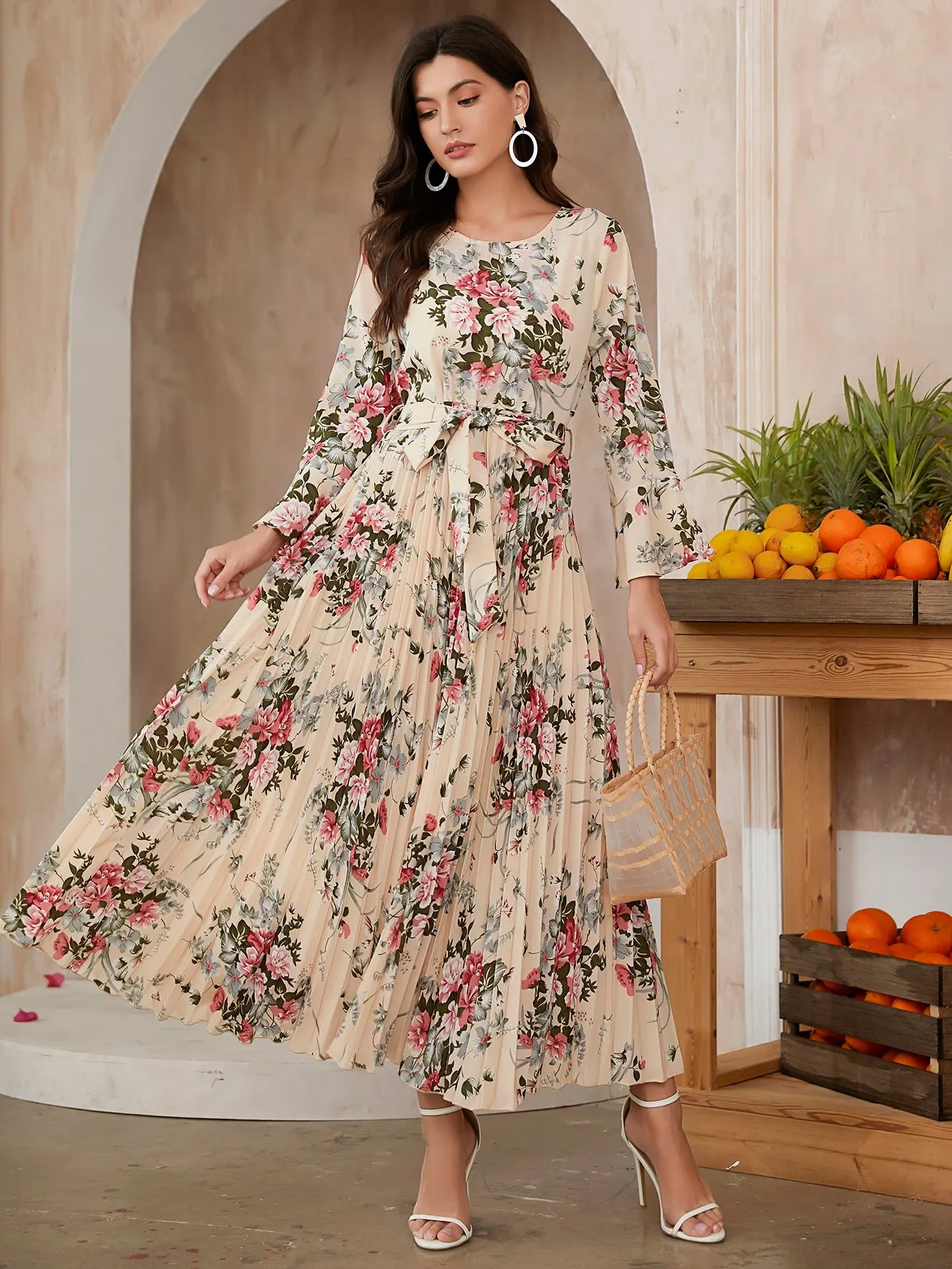 Modely Floral Print Flounce Sleeve Pleated Hem Belted Dress