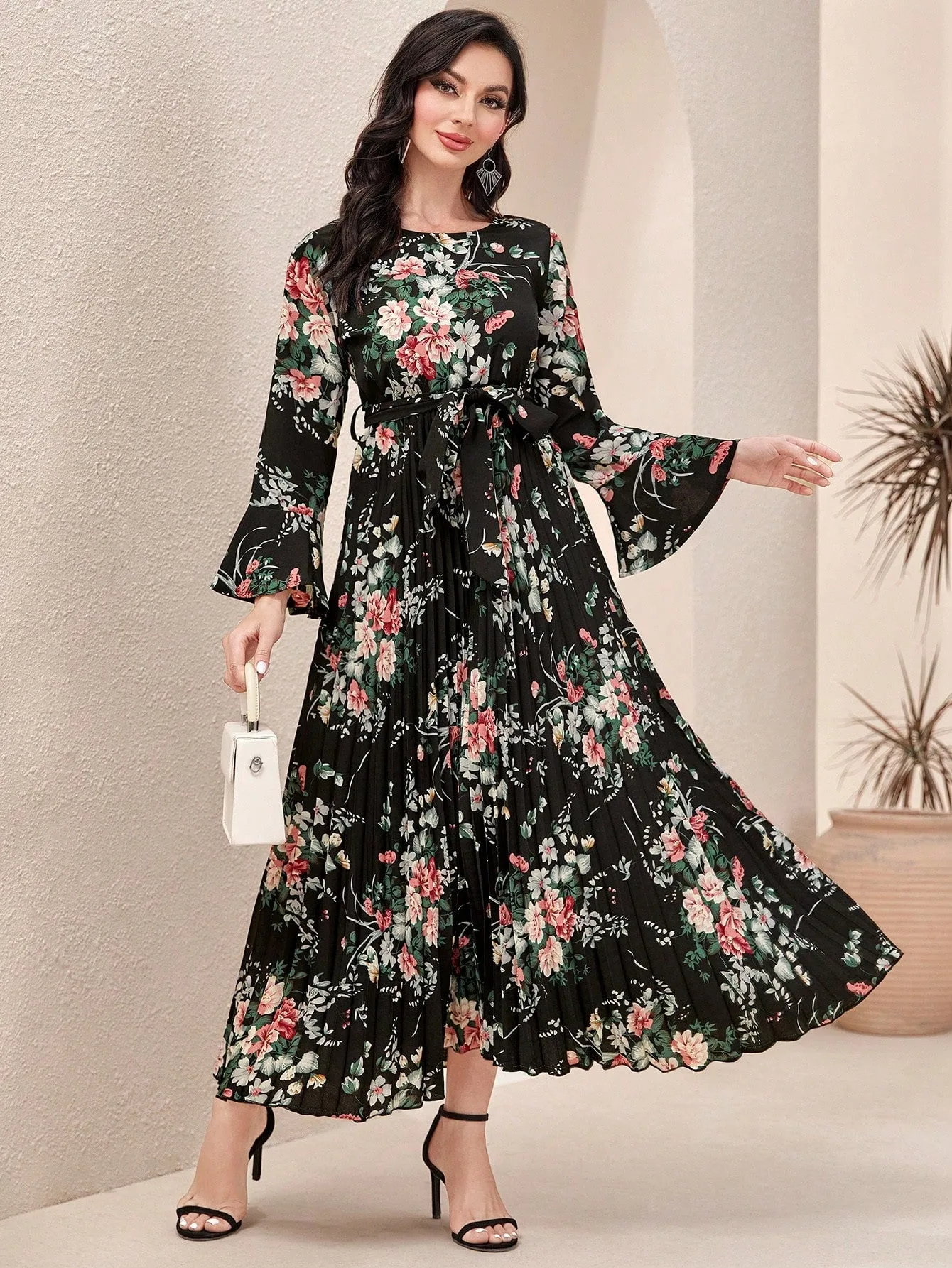 Modely Floral Print Flounce Sleeve Pleated Hem Belted Dress