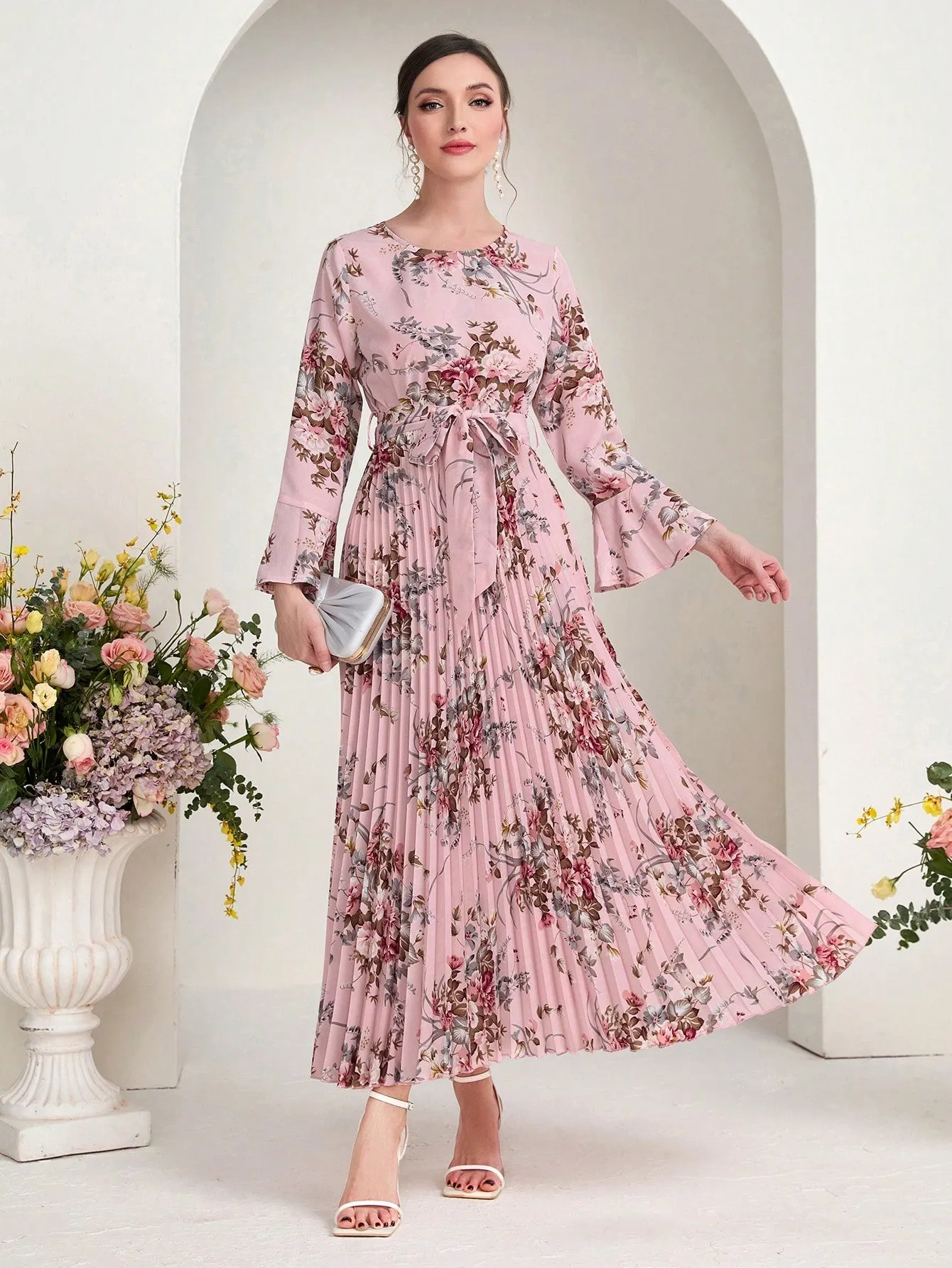 Modely Floral Print Flounce Sleeve Pleated Hem Belted Dress