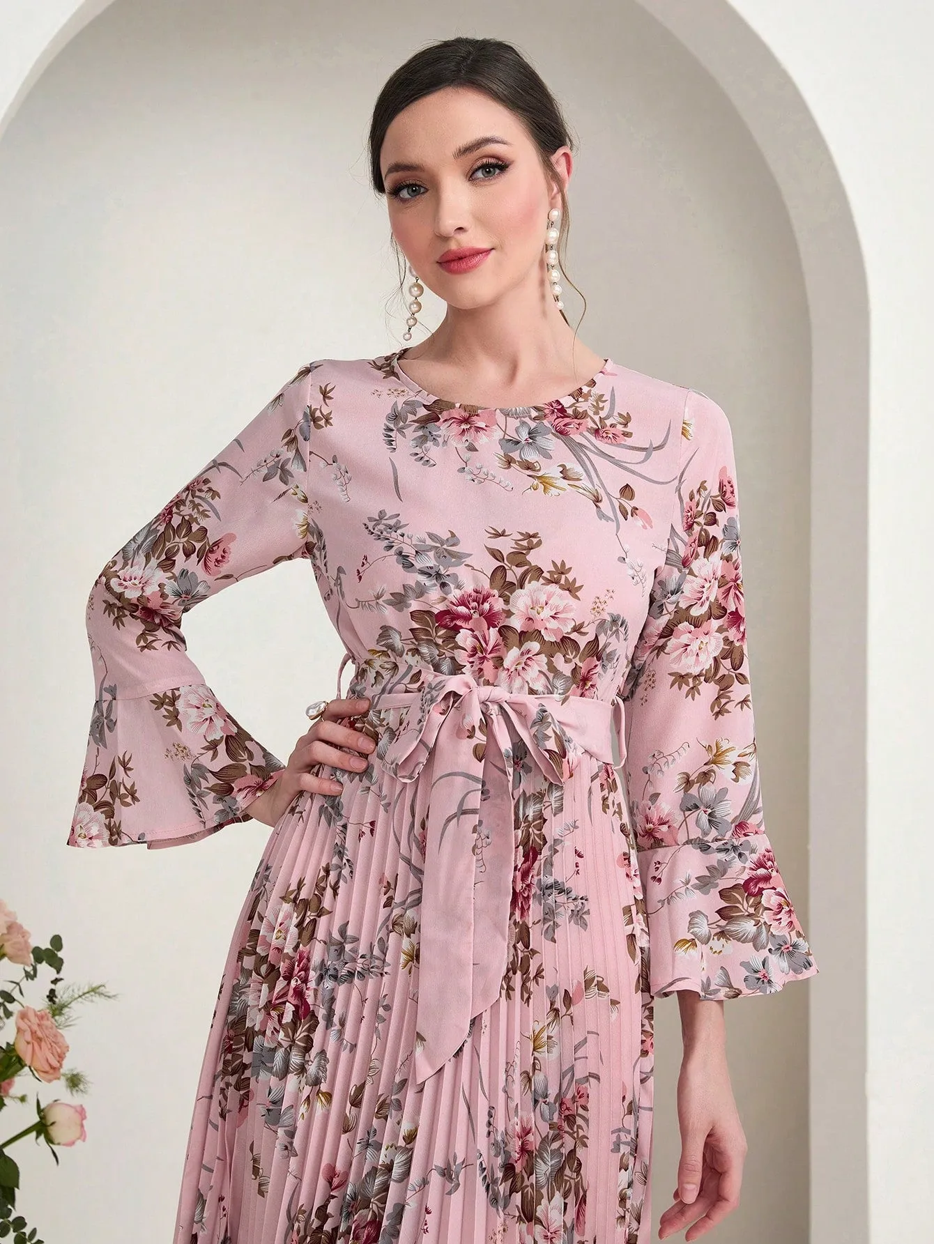 Modely Floral Print Flounce Sleeve Pleated Hem Belted Dress