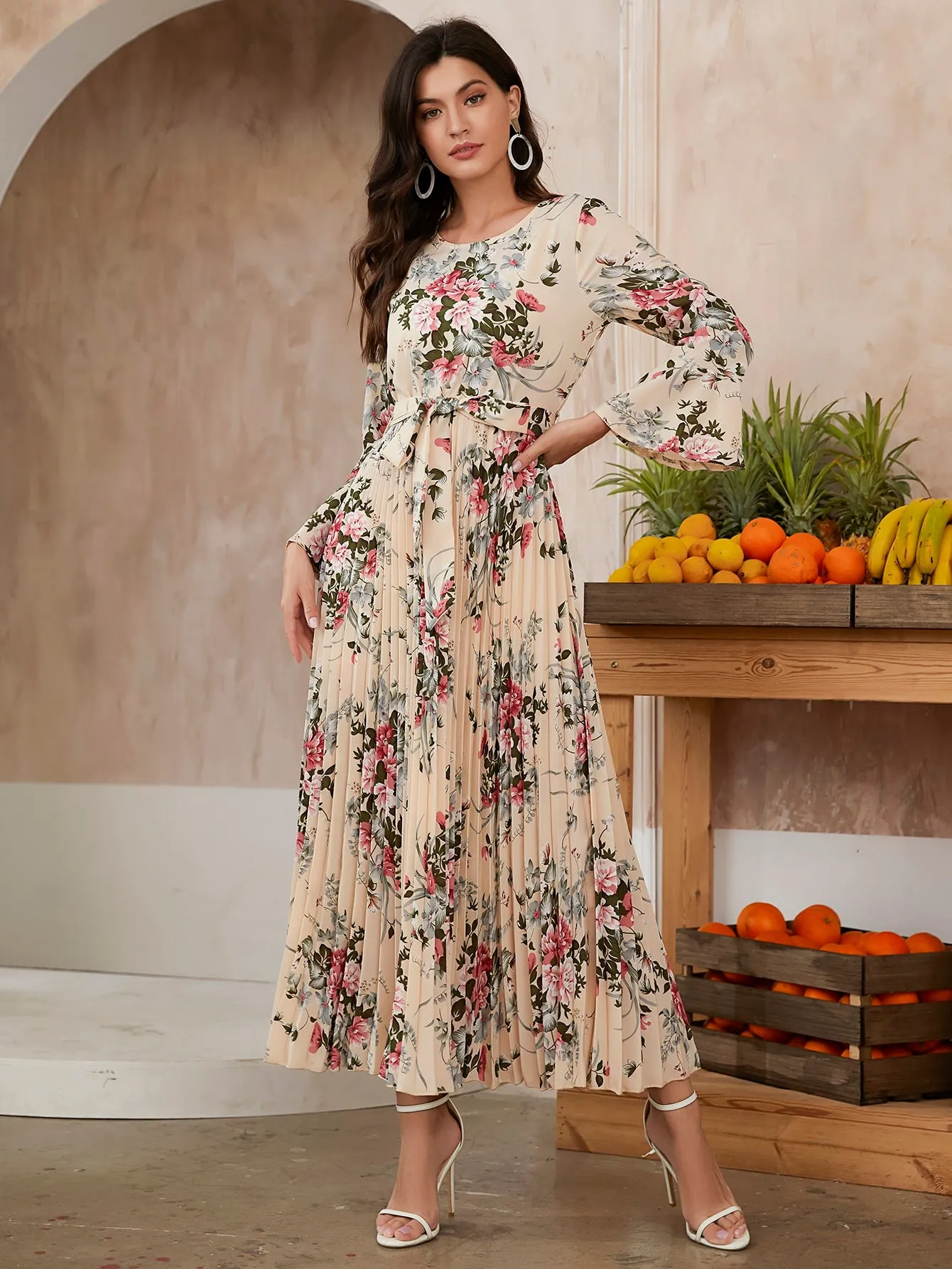 Modely Floral Print Flounce Sleeve Pleated Hem Belted Dress