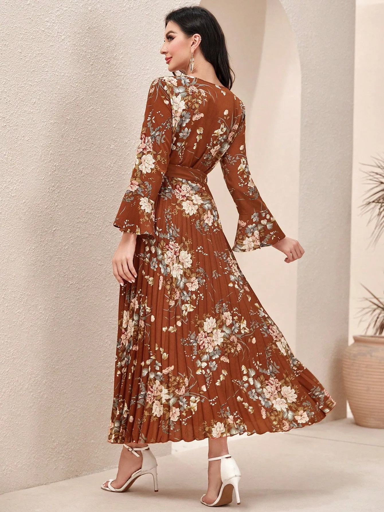 Modely Floral Print Flounce Sleeve Pleated Hem Belted Dress