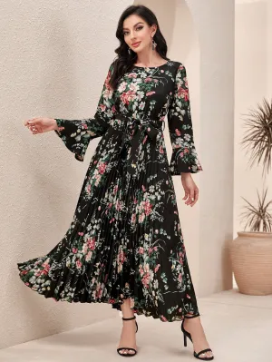 Modely Floral Print Flounce Sleeve Pleated Hem Belted Dress